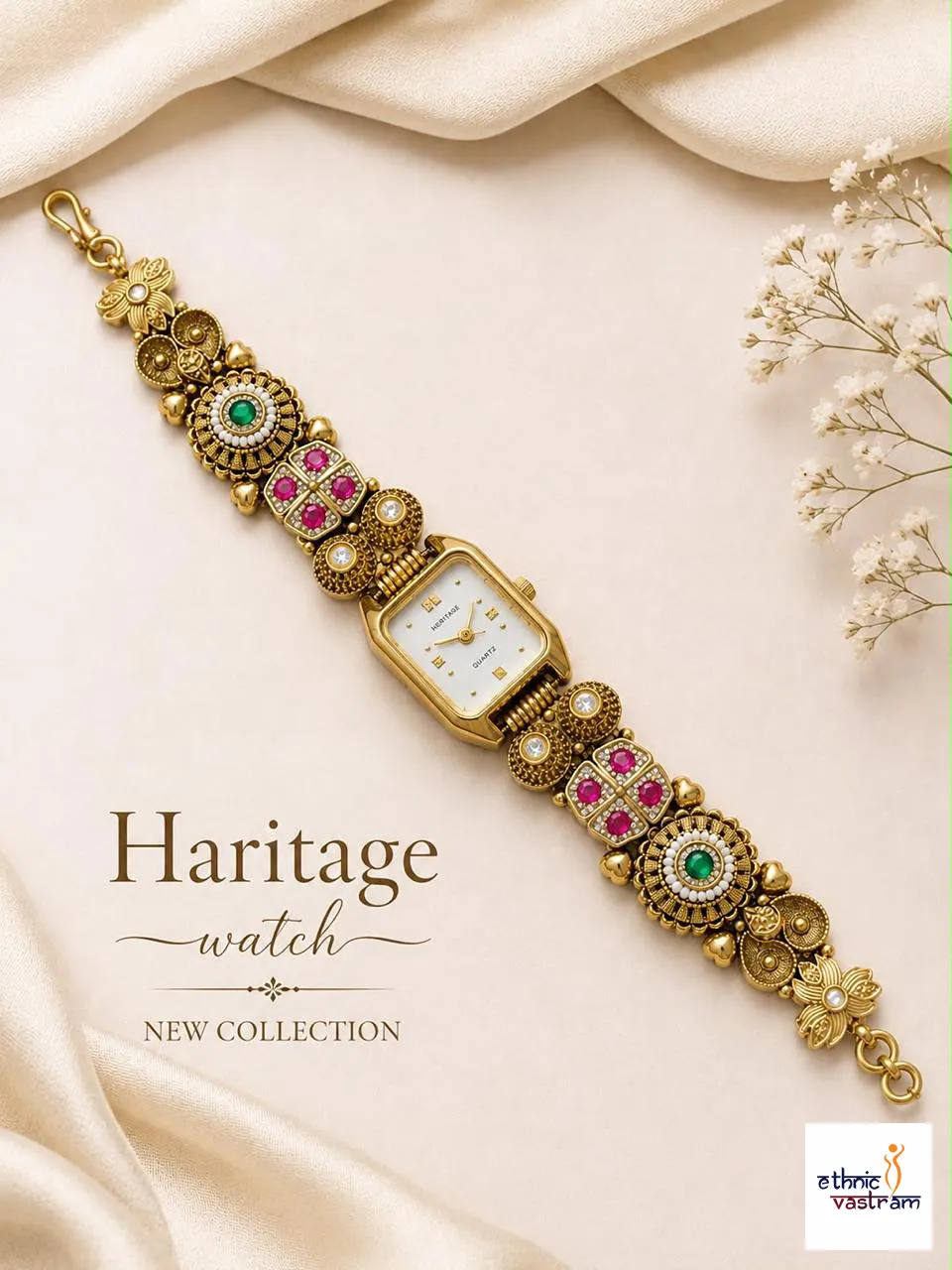 Antique Brass Rectangular Dial and Ruby Emerald Watch Bracelet