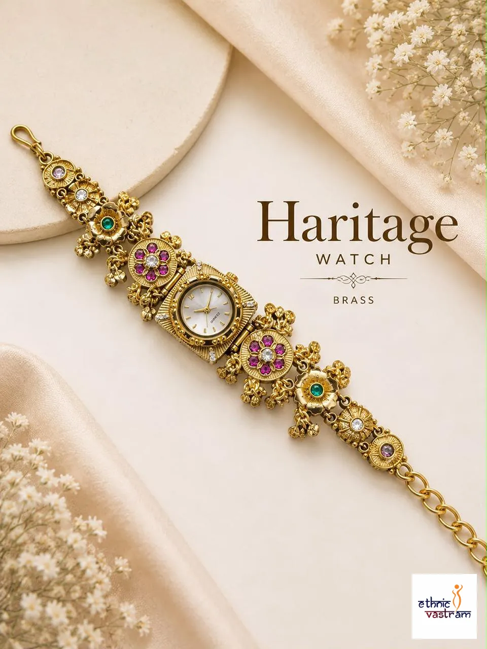 Antique Brass Square Bezel and Gemstone Floral Ghungroo Watch