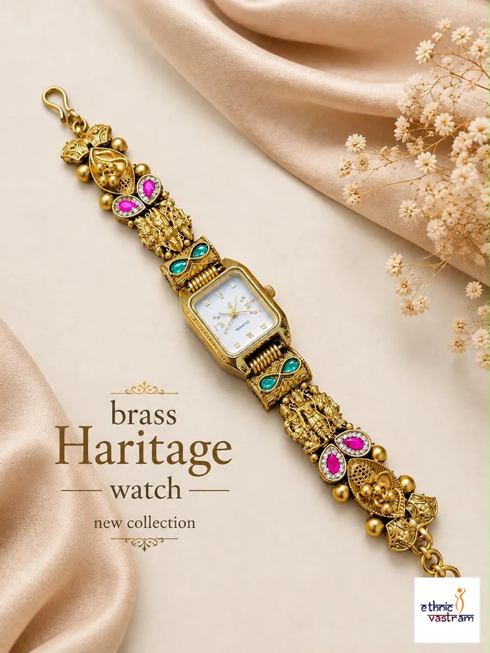 Antique Brass Square Dial with Ruby and Emerald Watch