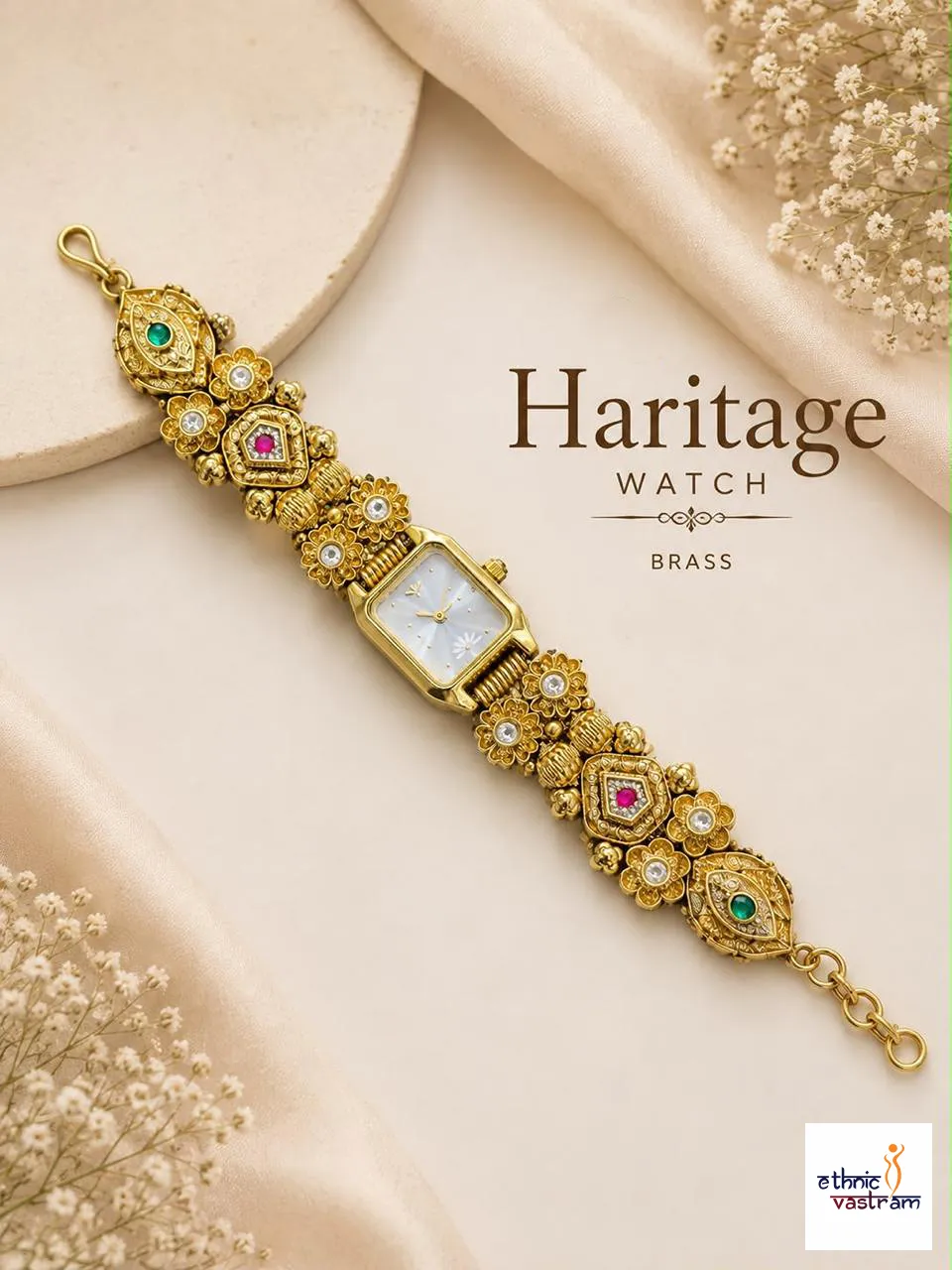 Antique Brass with Square Dial and Floral Gemstone Watch