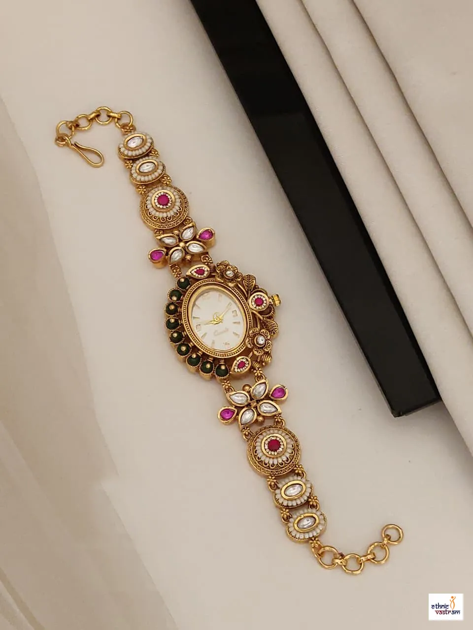 Antique Gold Plated Oval Kundan Watch Bracelet