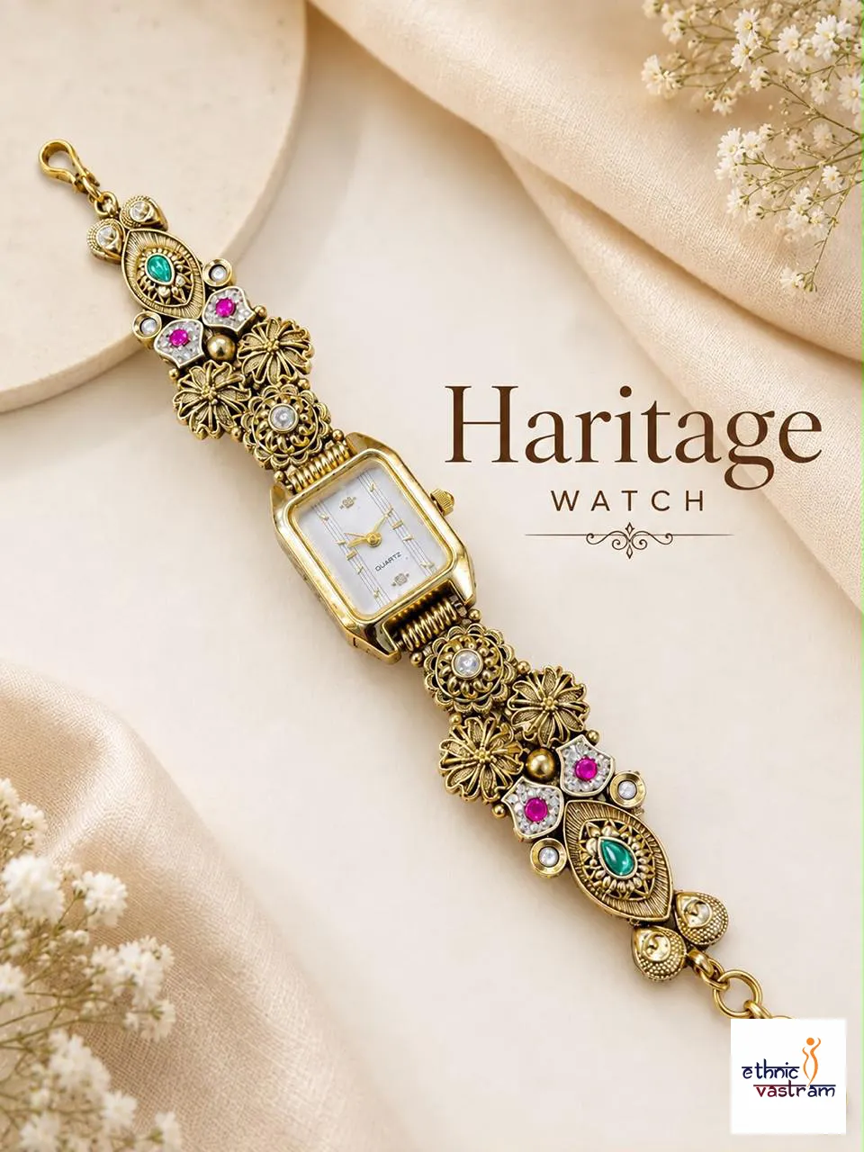 Antique Rectangular Dial and Floral Ascents Watch