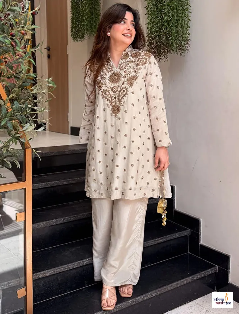 Beige French Crape Sequins Embroidered Kurti with Palazzo Co-Ord Set