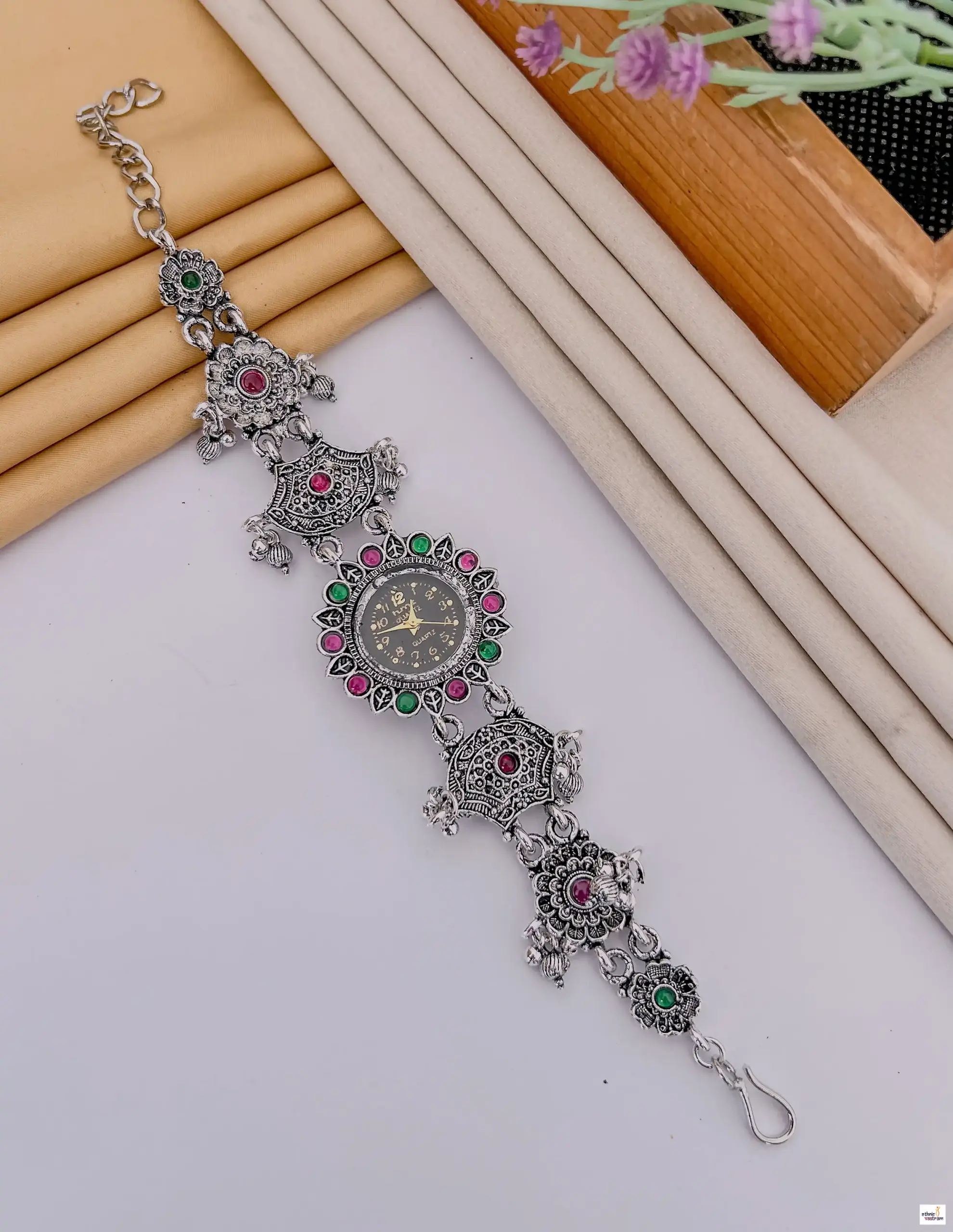 Black Dial German Silver Ethnic Watch Bracelet