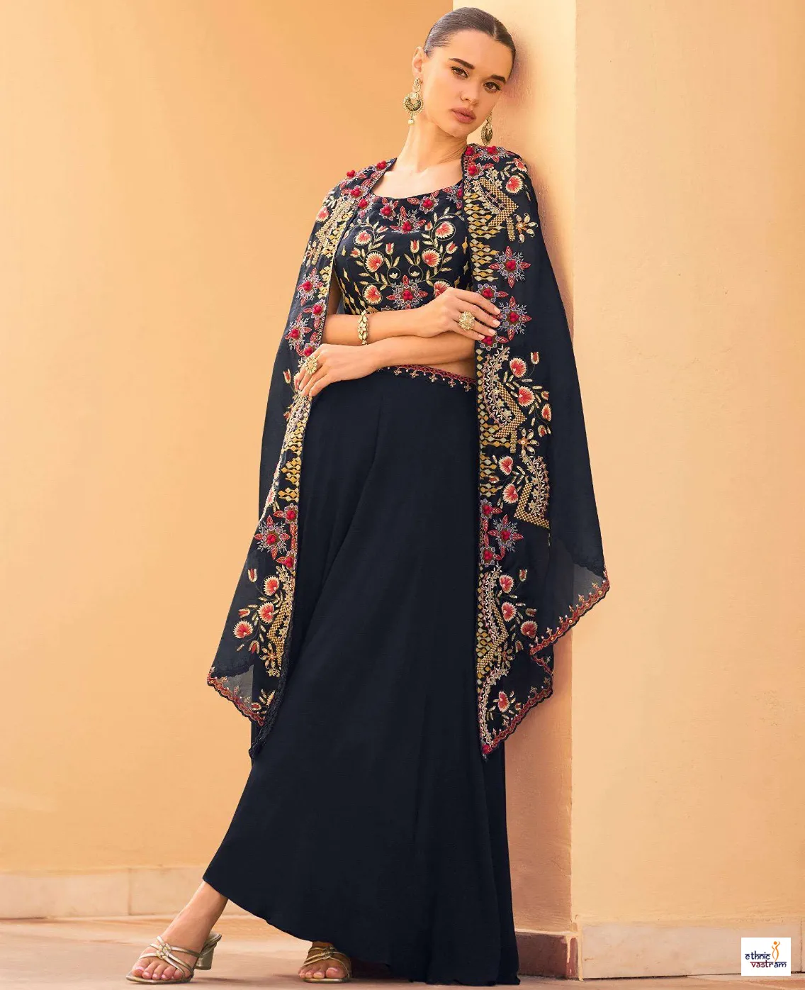 Black Premium Chinon Silk Embroidered Shrug & Crop Top Palazzo Suit
