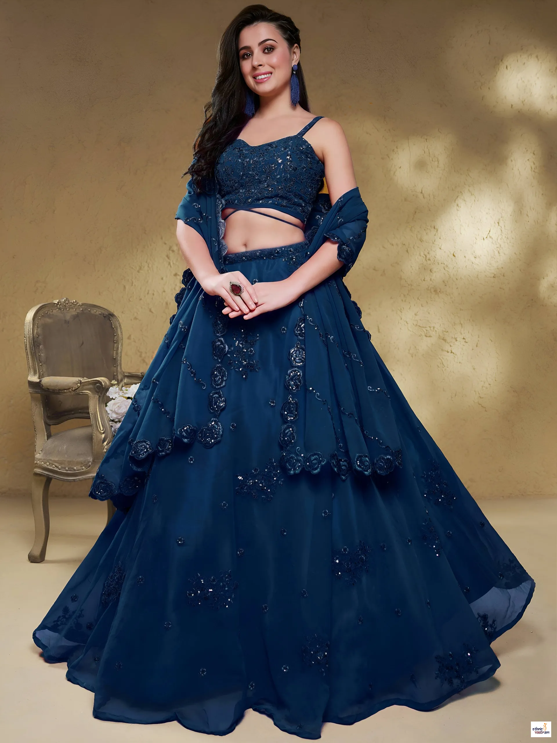 Blue Georgette Sequins Embroidery Work Flared Lehenga Choli