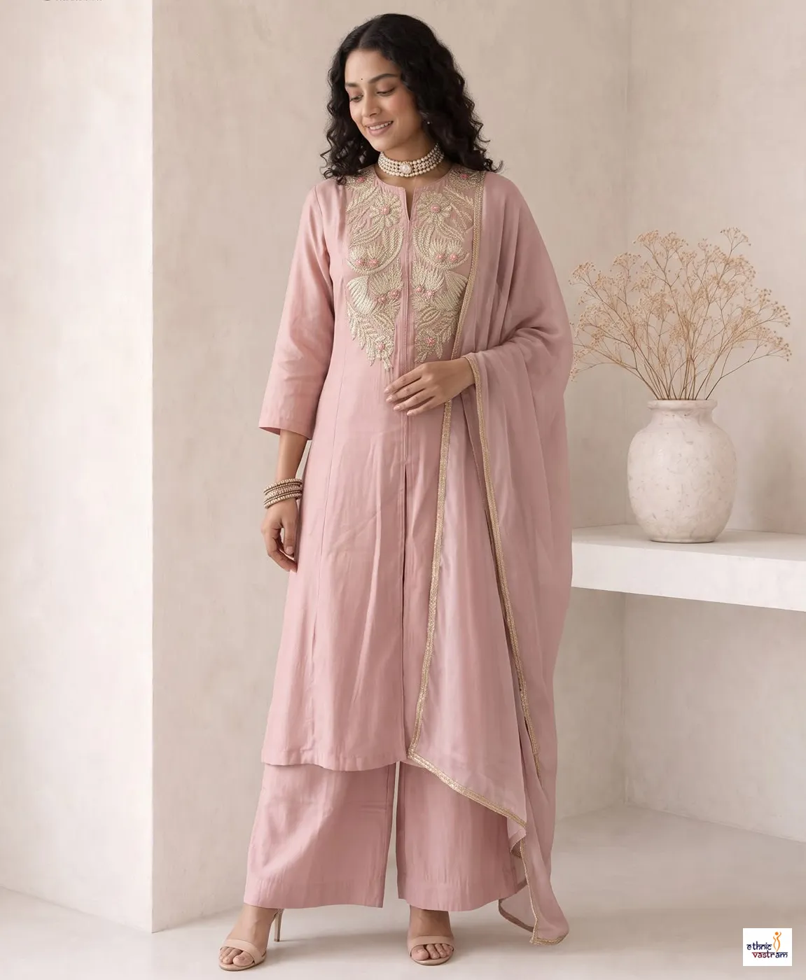 Blush Pink Roman Silk Anarkali Suit With Pants And Organza Dupatta