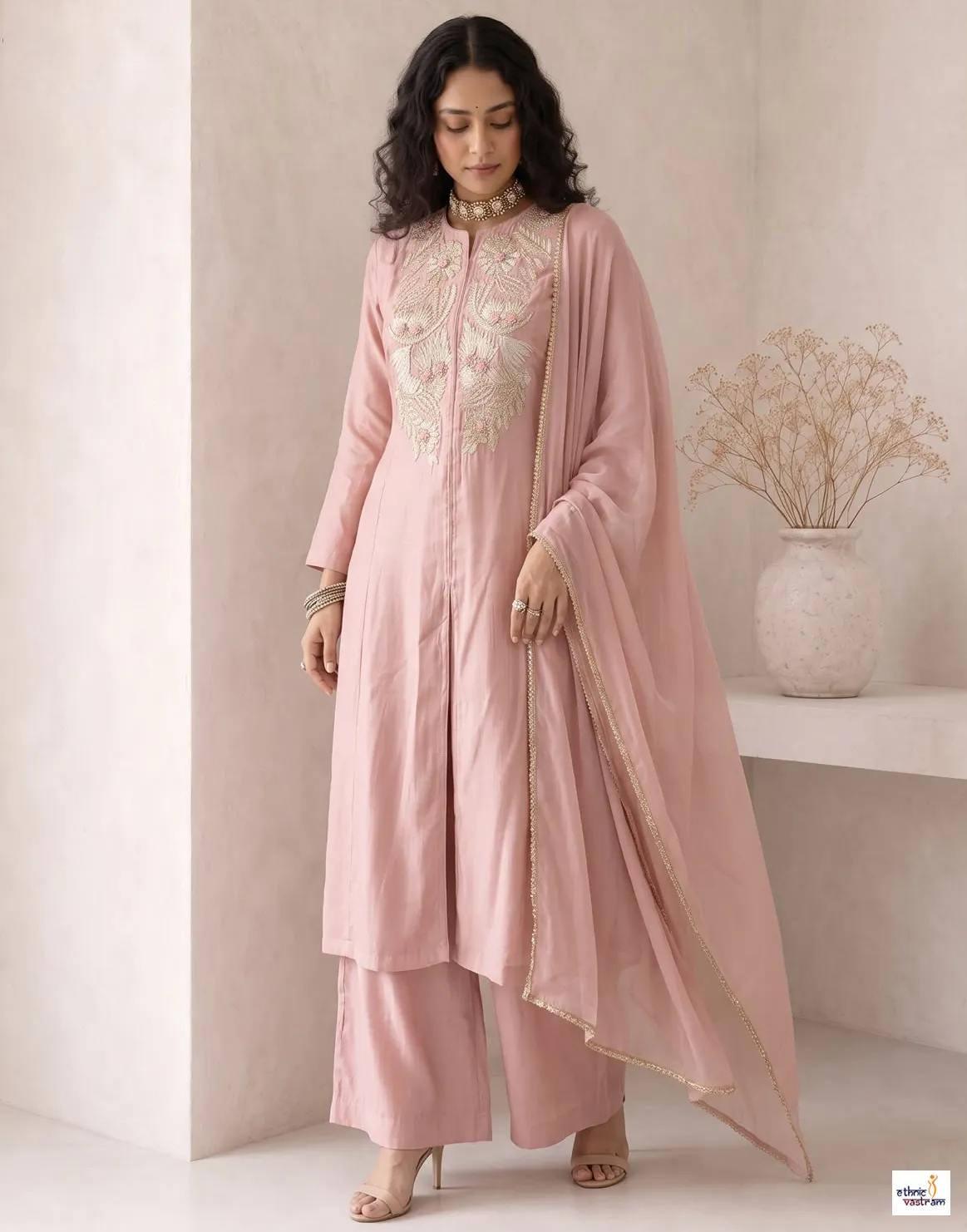 Blush Pink Roman Silk Anarkali Suit With Pants And Organza Dupatta - Image 2