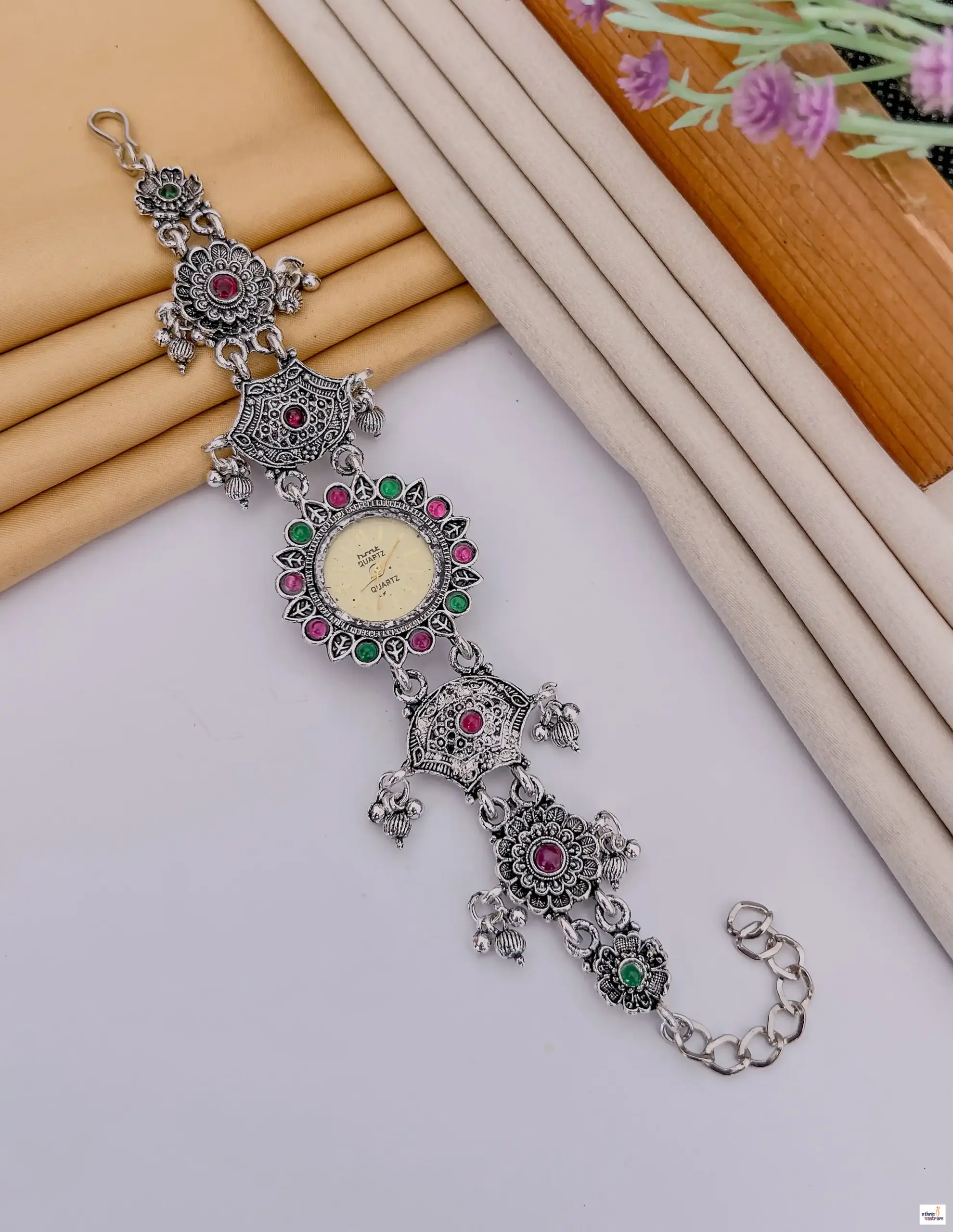 Cream Dial and Gemstone Ghungroo Motif Links Ethnic Watch