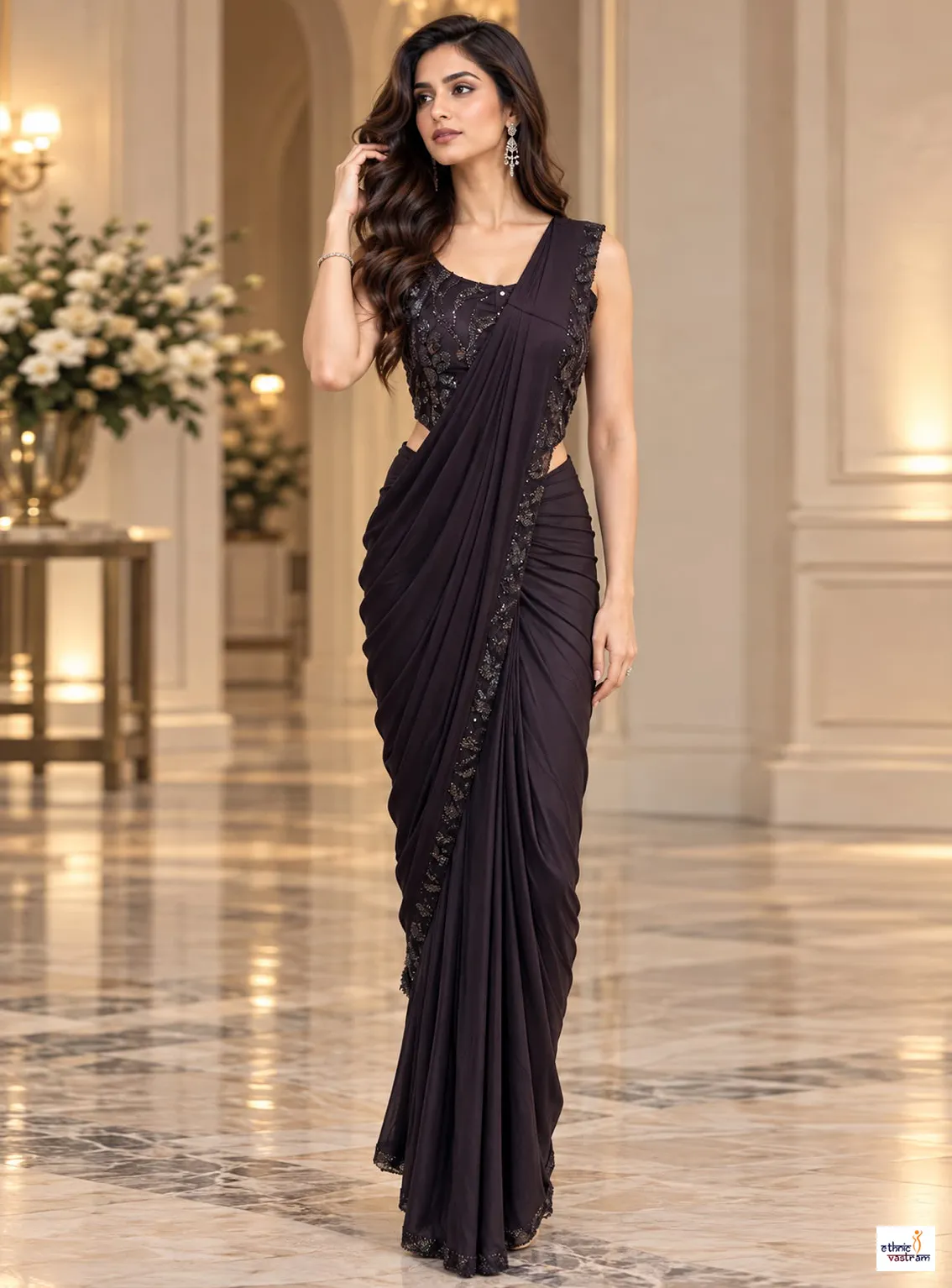 Dark Wine Imported Lycra Ready-to-Wear Saree With Beadwork Blouse