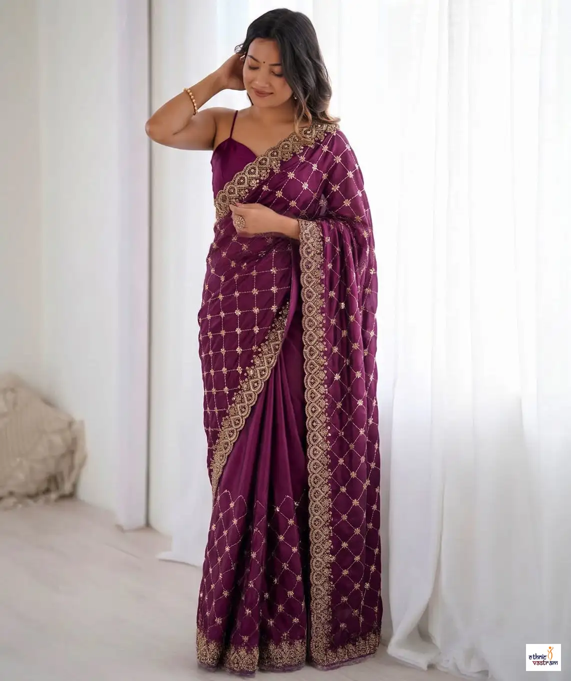 Deep Purple Fendy Silk Heavy Beadwork Designer Saree