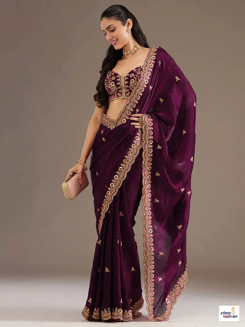 Deep Wine Tissue Gold Zari & Cutwork Embroidery Saree