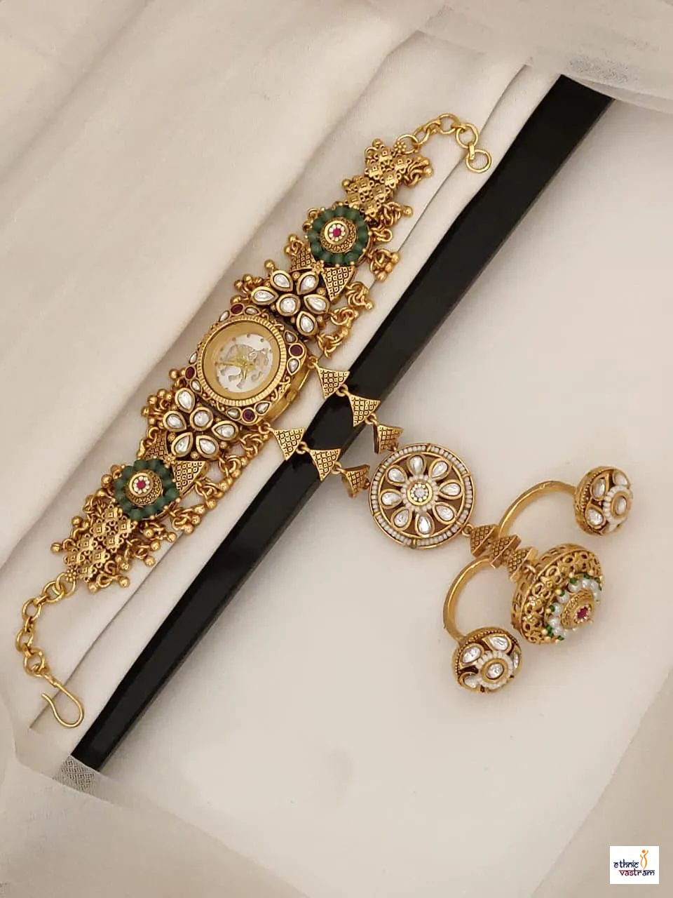 Double Ring Attachment And Kundan Work Haathphool Watch Bracelet