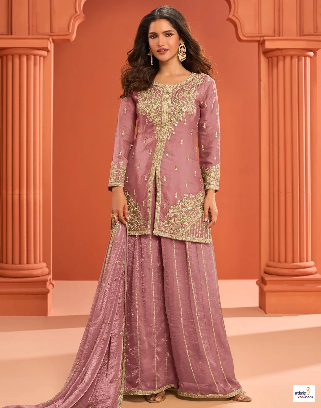 Dusty Mauve Pink Real Fandy Silk Embroidered Palazzo Set