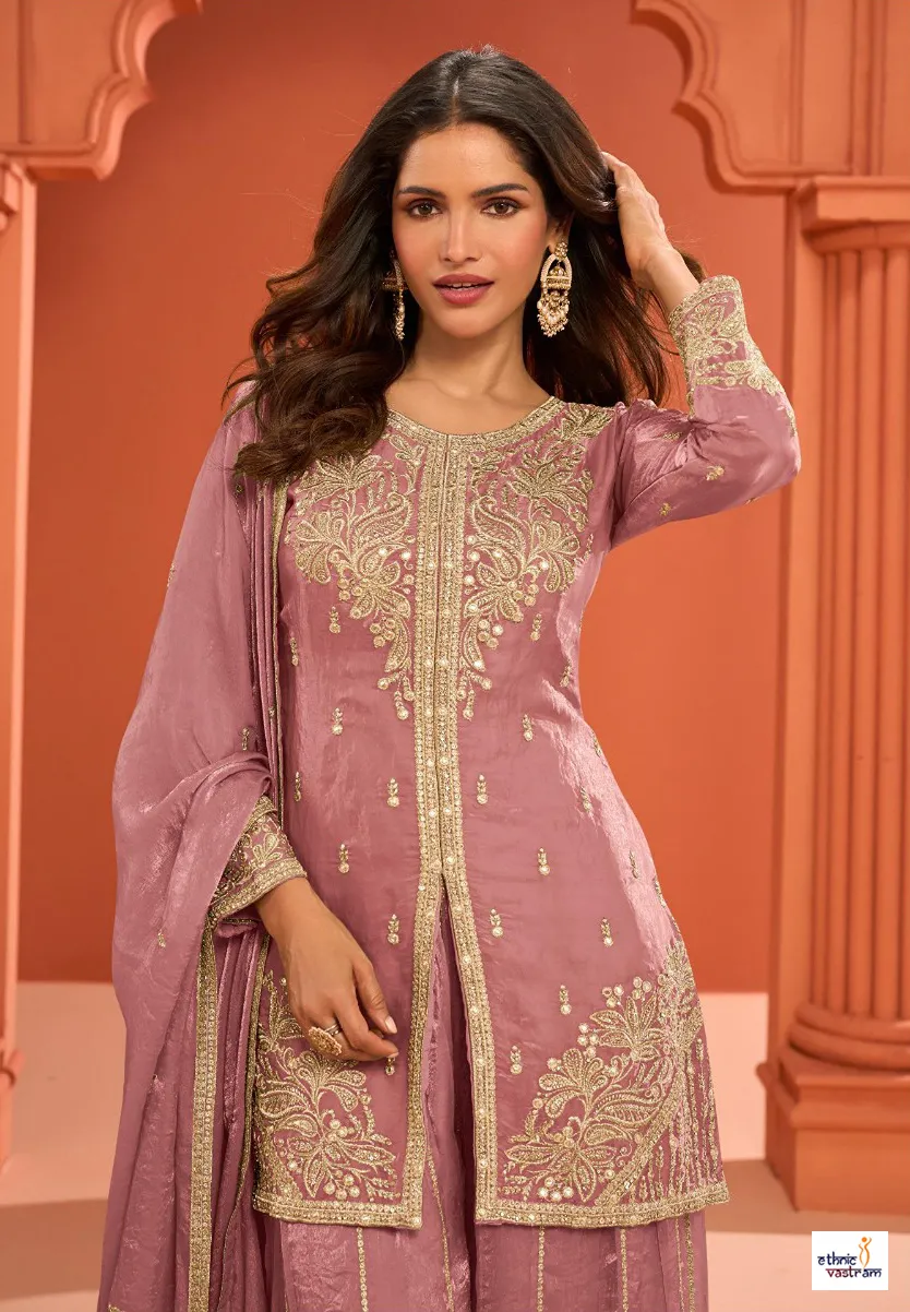 Dusty Mauve Pink Real Fandy Silk Embroidered Palazzo Set - Image 2