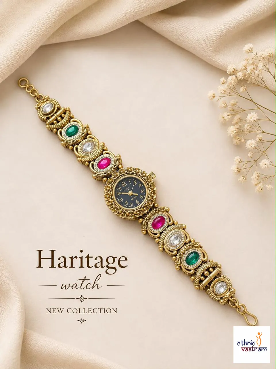 Festive Wear Brass Ethnic with Black Arabic Dial and Oval Gemstone Bracelet Watch