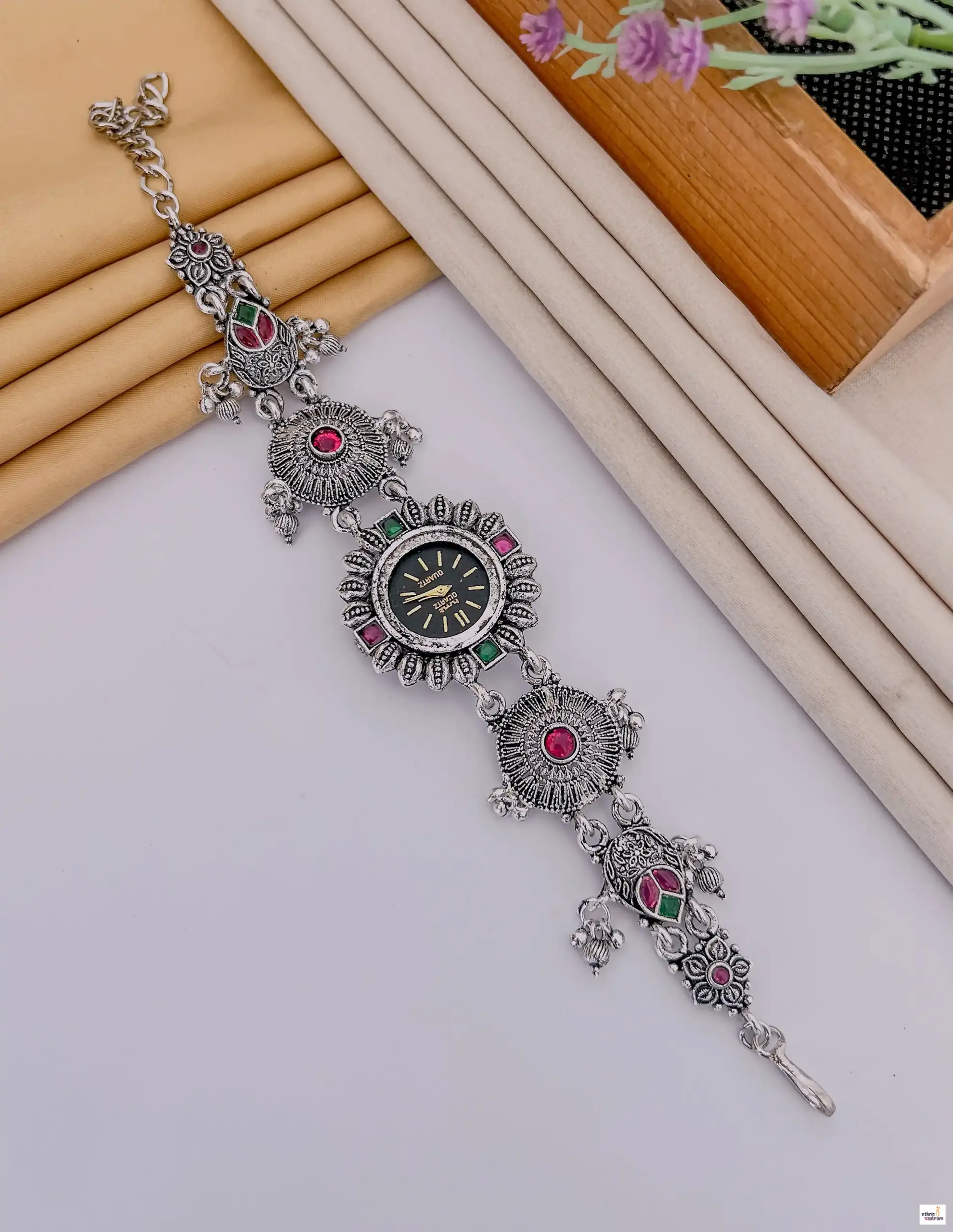 Gemstone Ghungroo Motif German Silver Ethnic Watch Bracelet