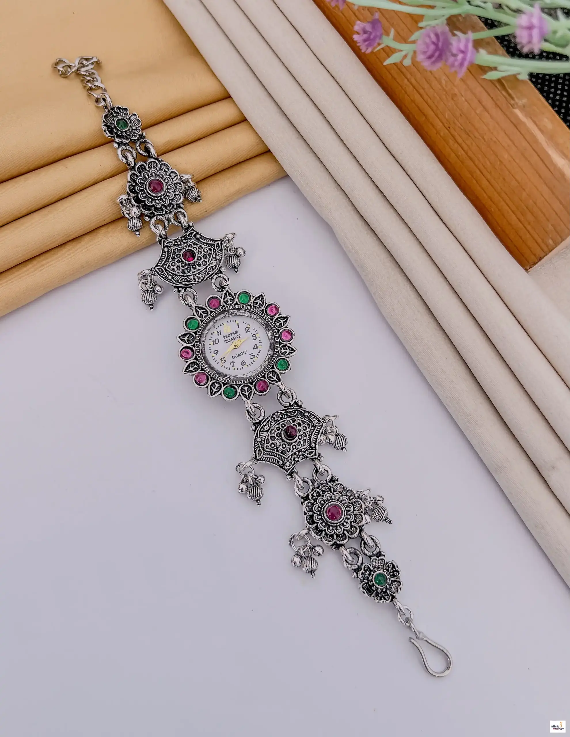 German Silver Ethnic Watch Bracelet With Floral Ghungroo Links