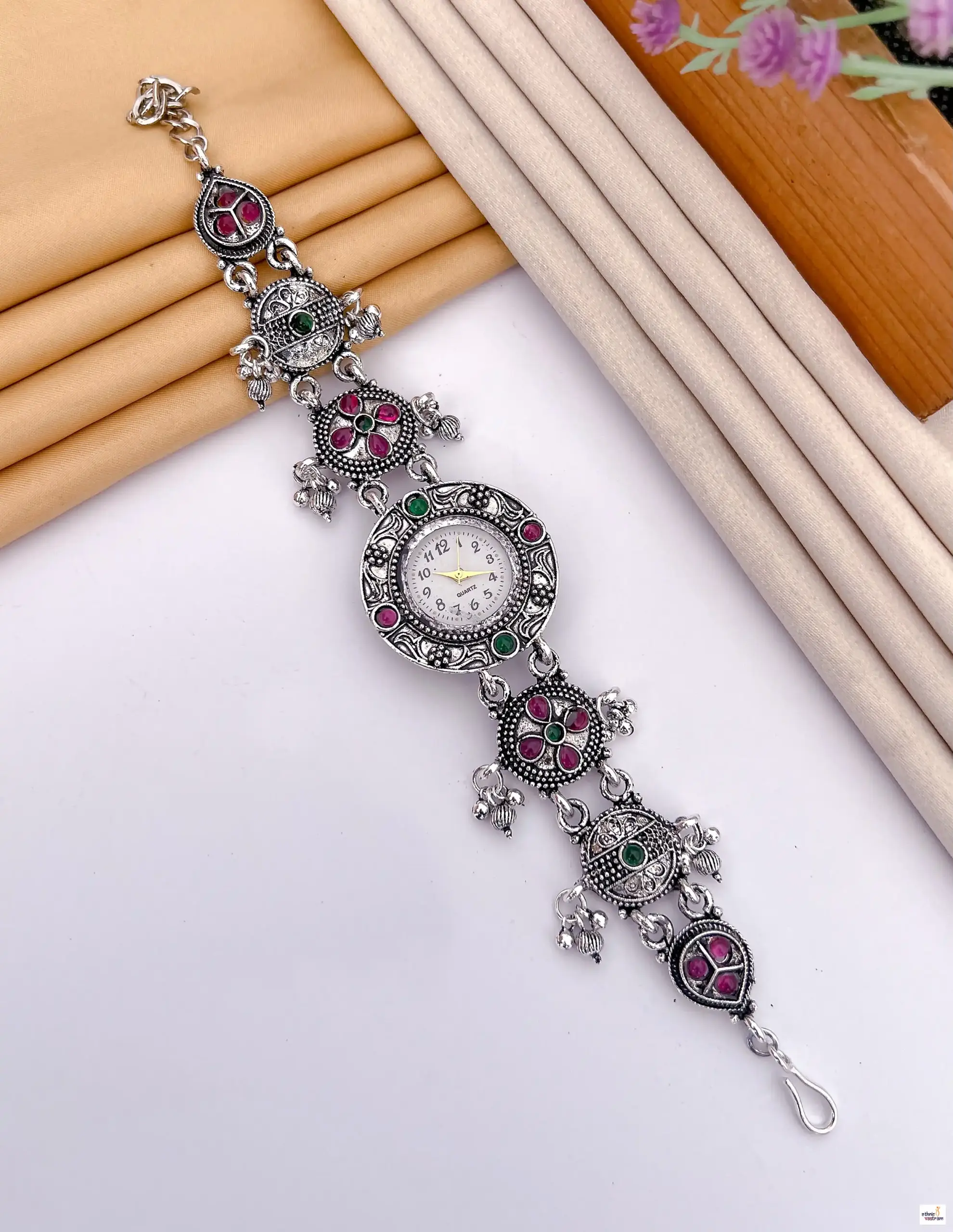 German Silver Ethnic Watch Bracelet With White Dial And Teardrop Gemstone