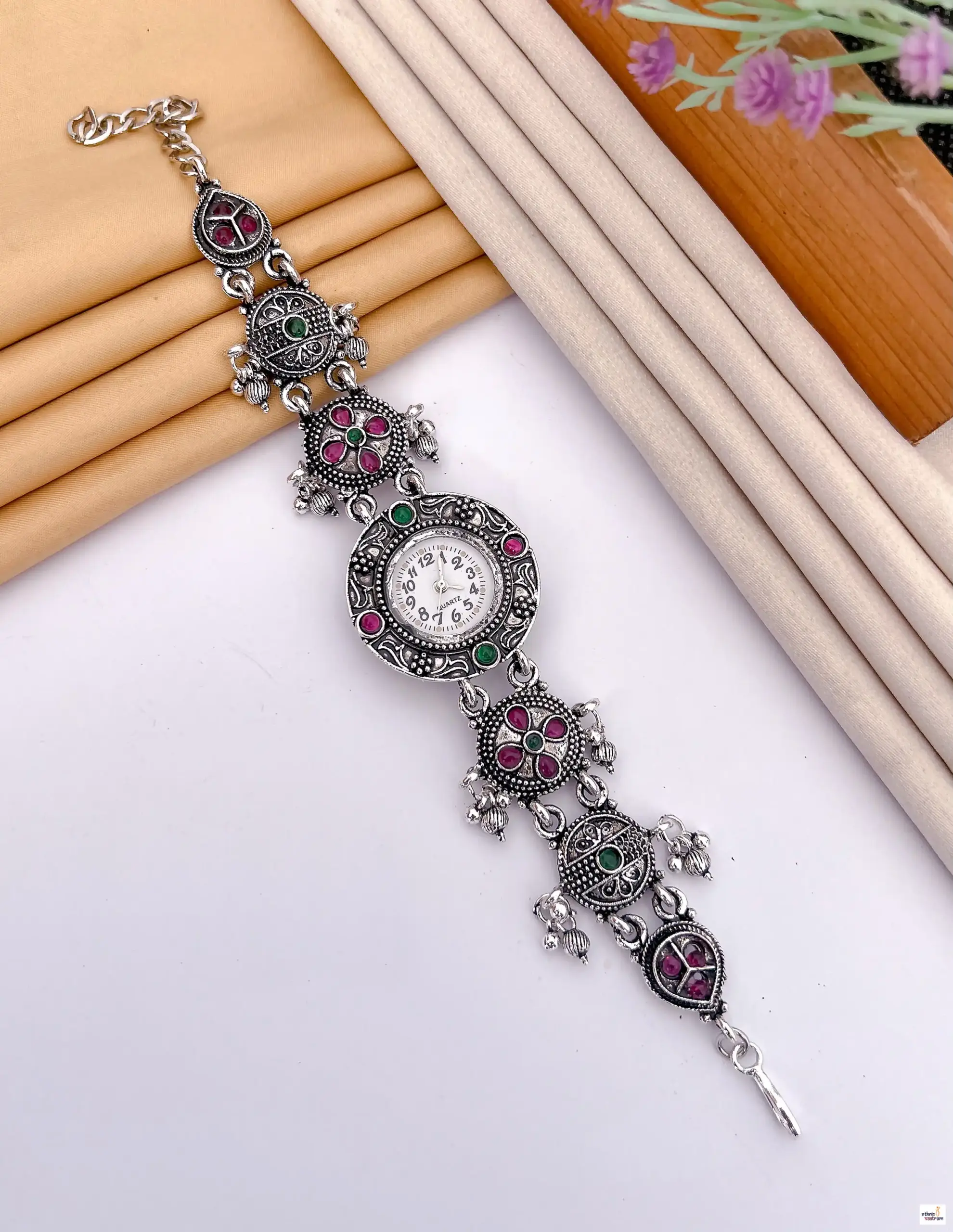 German Silver Ethnic Watch Bracelet With White Dial And Teardrop Gemstone