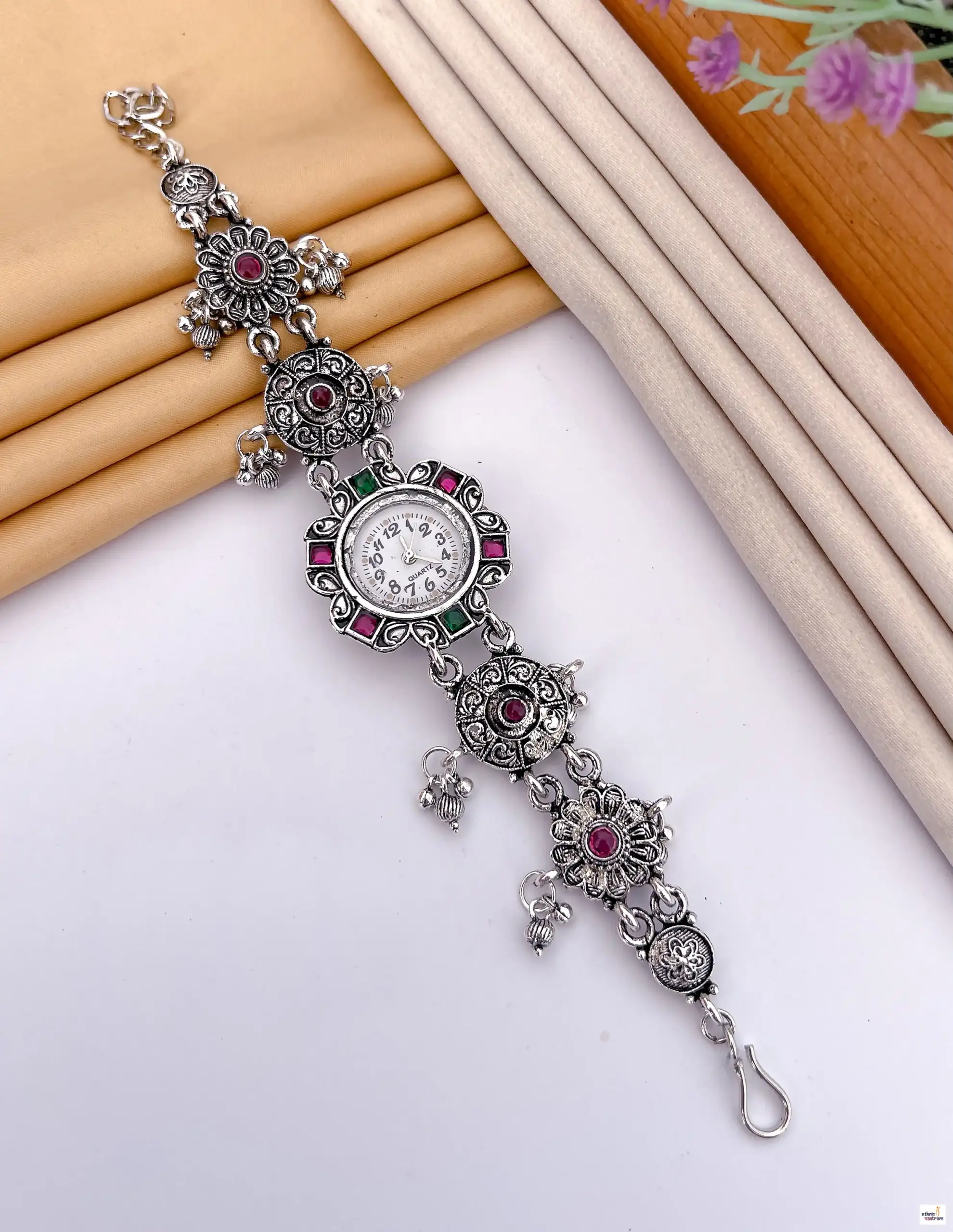 German Silver Ethnic Watch Bracelet With White Dial