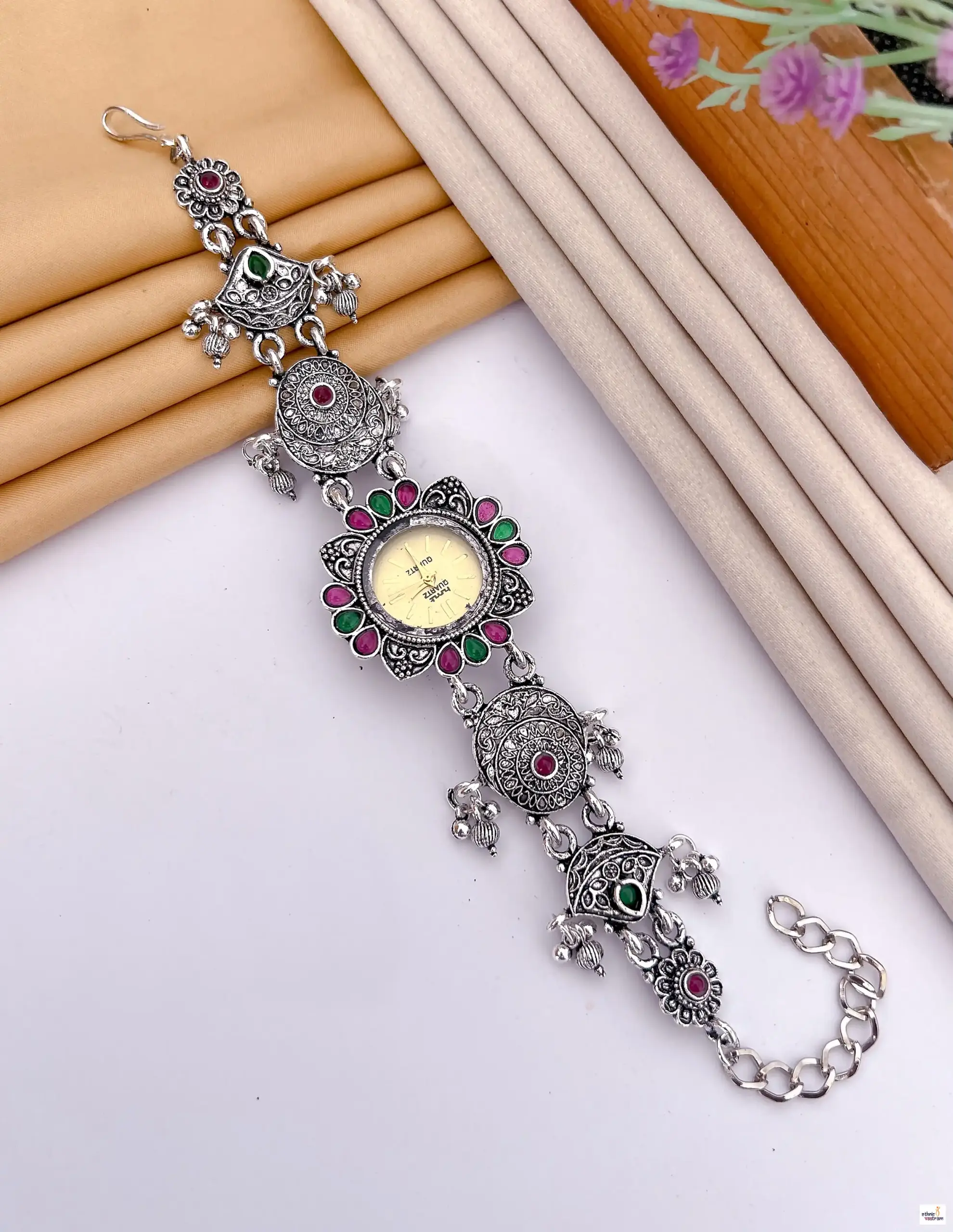 Gold Dial And Gemstone Ghungroo Motif German Silver Ethnic Watch Bracelet
