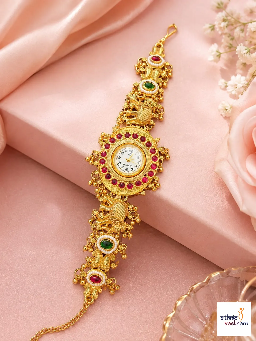 Gold Matte Finish Elephant Motif Ruby Halo Ghunghroo Bracelet Watch