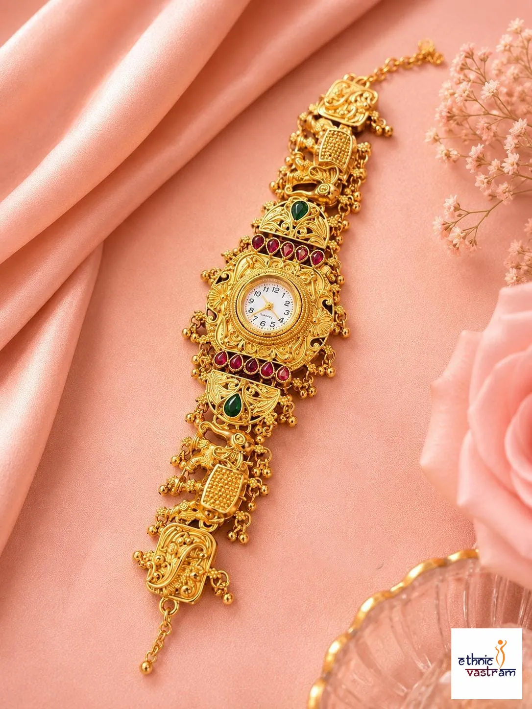 Gold Matte Finish Elephant & Peacock Ghunghroo Bracelet Watch
