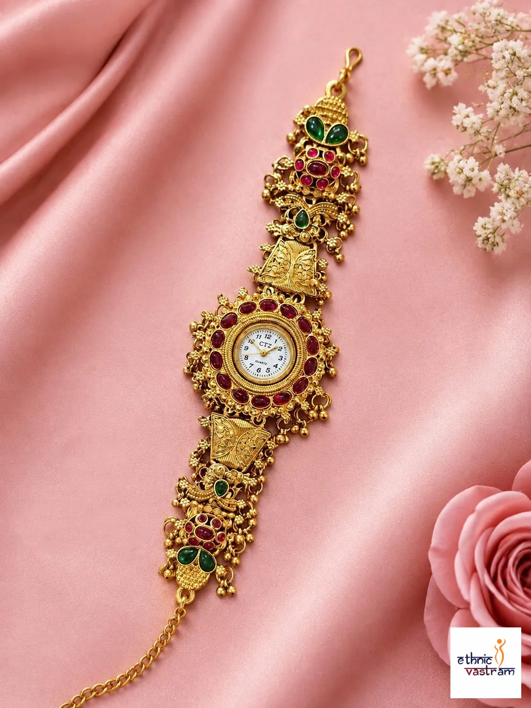 Gold Matte Finish Floral Ruby and Emerald Ghunghroo Bracelet Watch