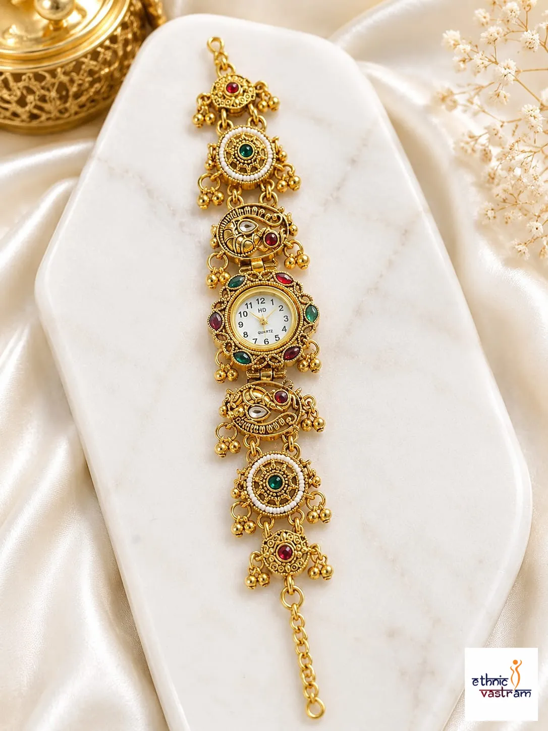 Gold Matte Finish Peacock and Floral Ghungroo Bracelet Watch