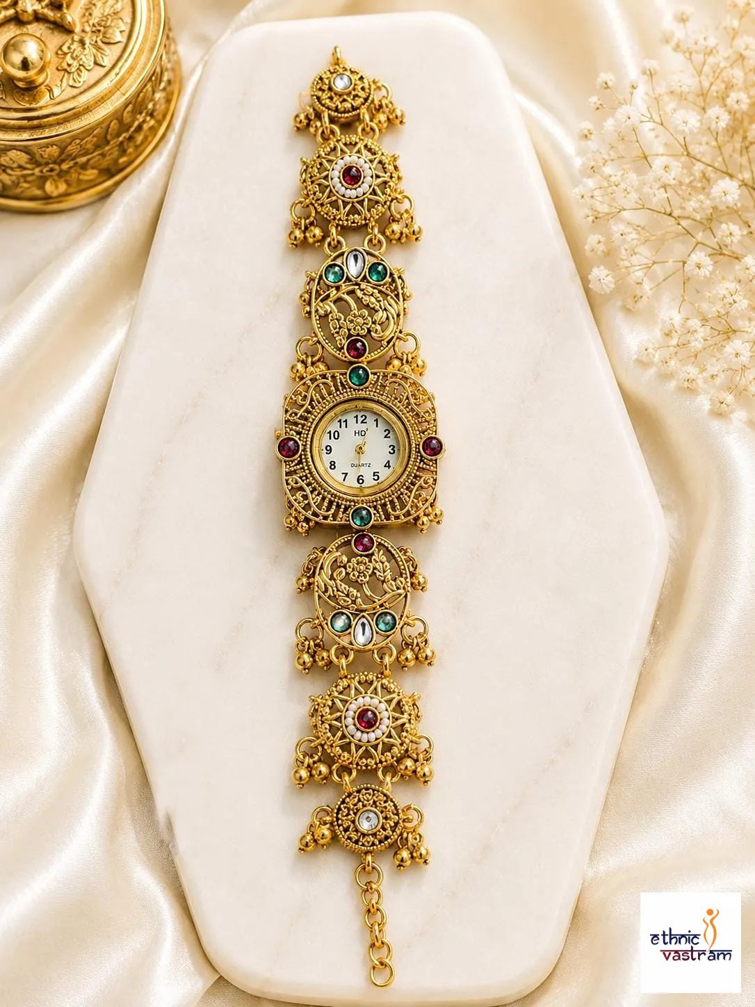 Gold Matte Finish Square Dial Peacock Ghungroo Bracelet Watch