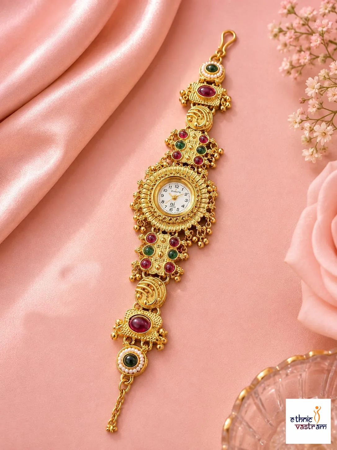 Gold Matte Sunburst Filigree Red and Green Stone Ghunghroo Watch