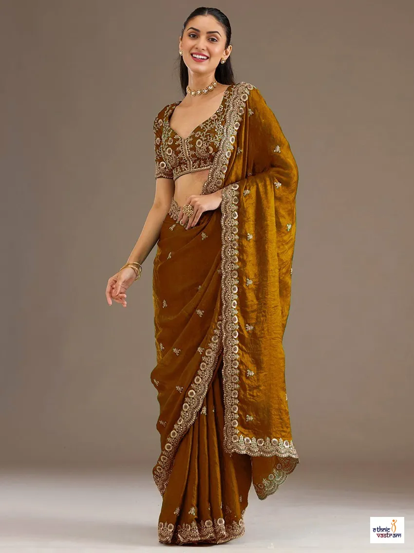 Golden Brown Tissue Sequins Embroidered Saree