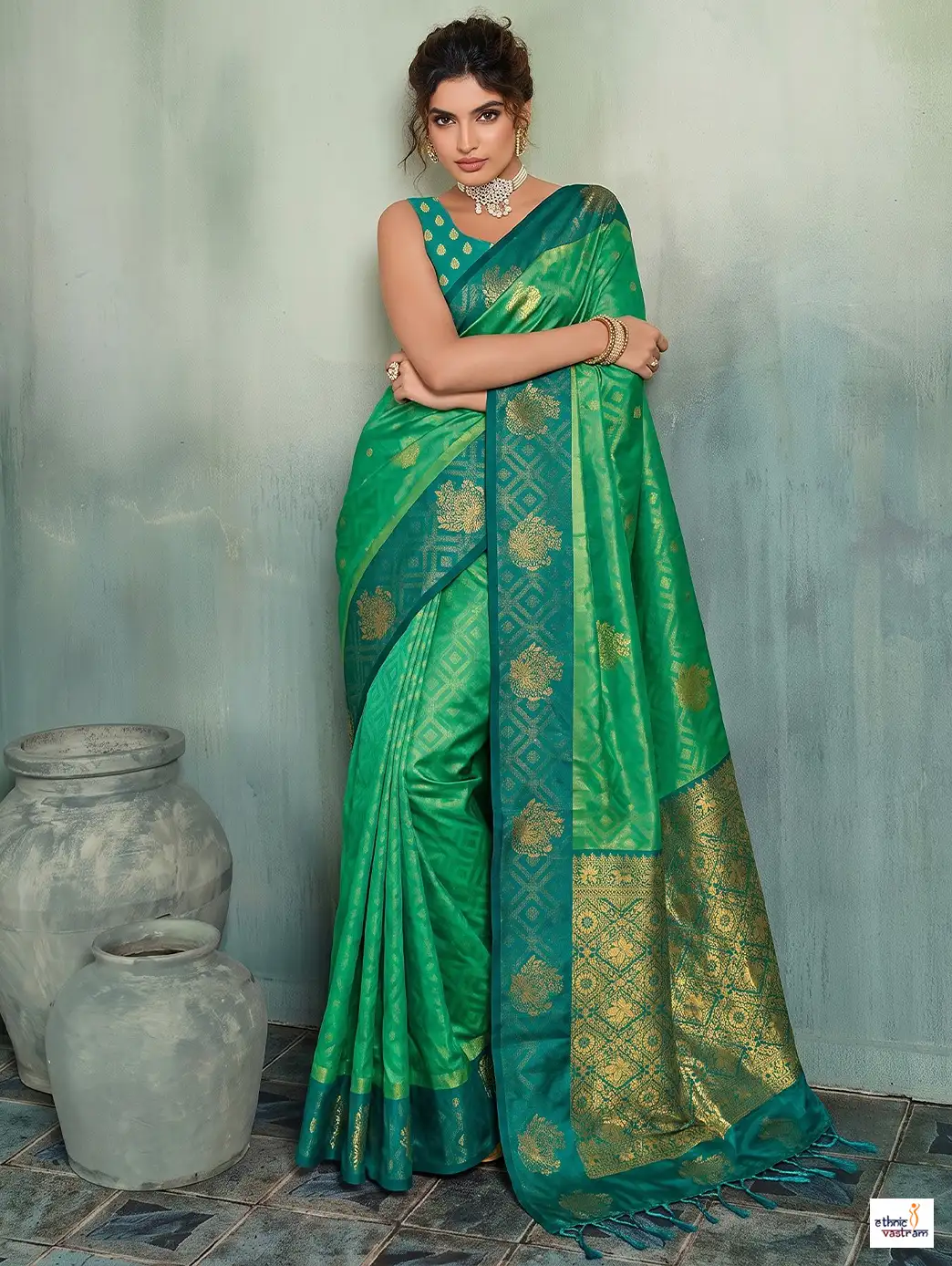 Golden Zari Work Green Silk Blend Designer Saree