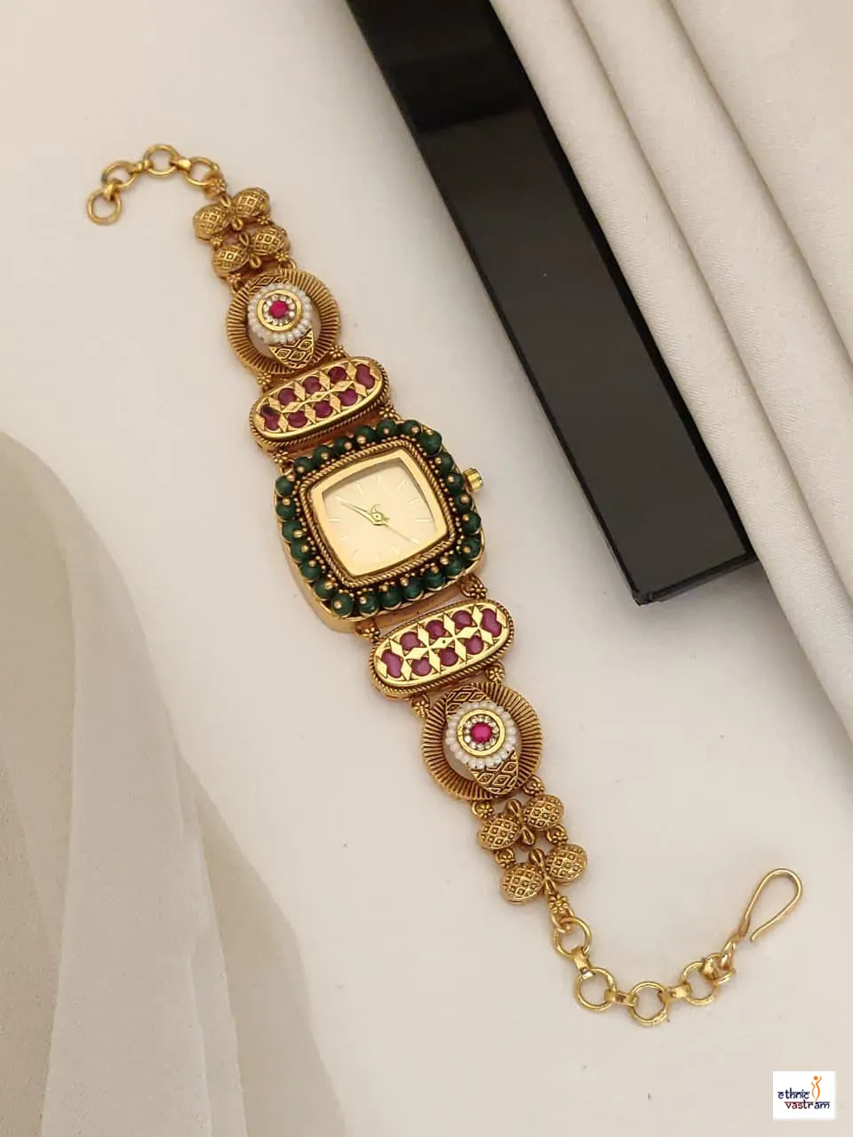 Green Bead Border And Ruby Accents Square Dial Ethnic Watch Bracelet