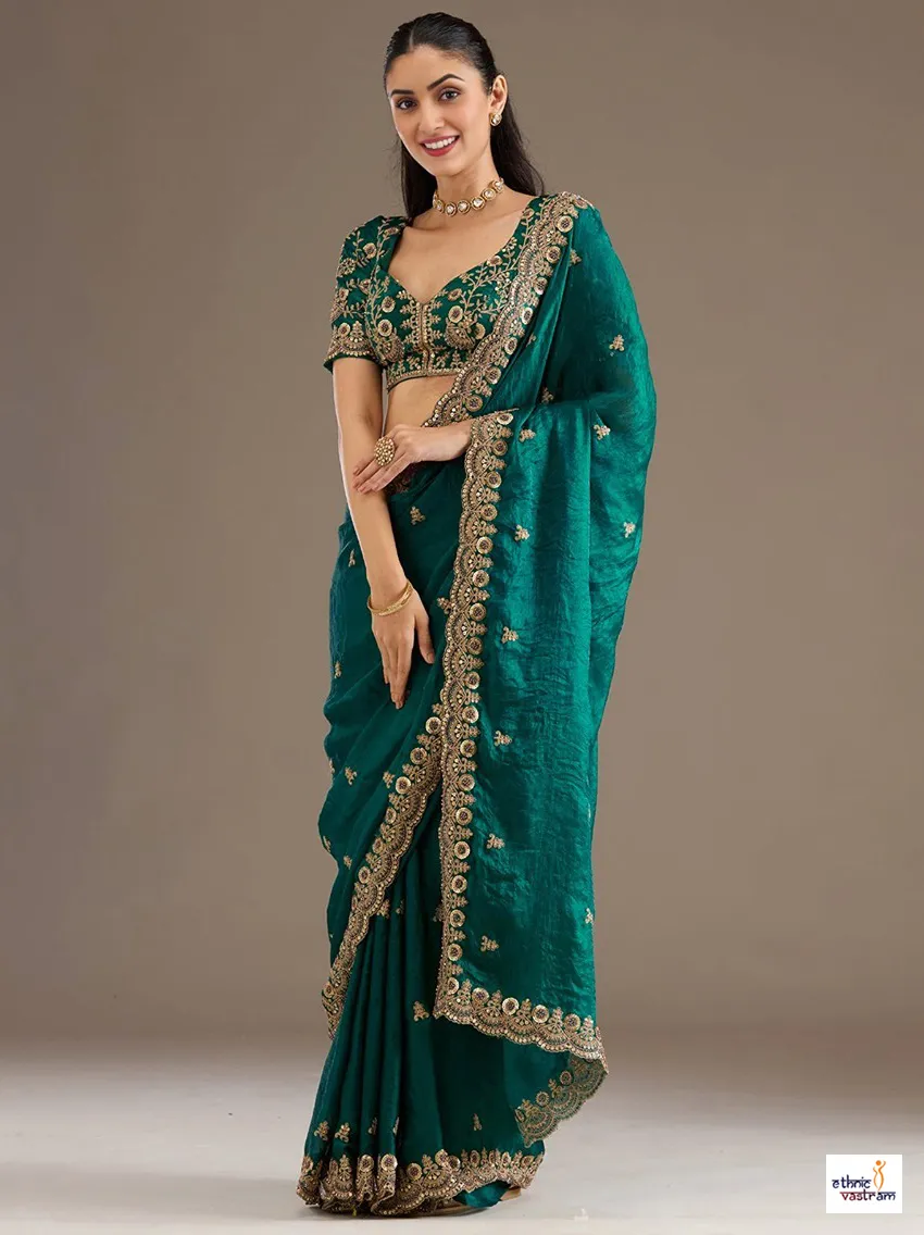 Green Tissue Sequins Embroidered Designer Saree