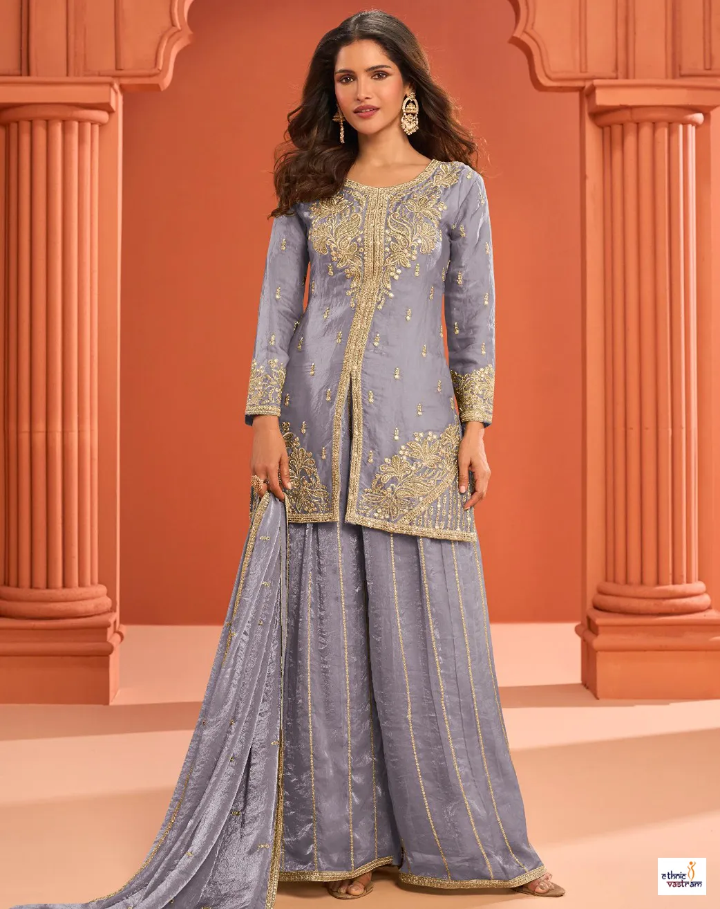 Grey Real Fandy Silk Embroidered Kurti Palazzo Set