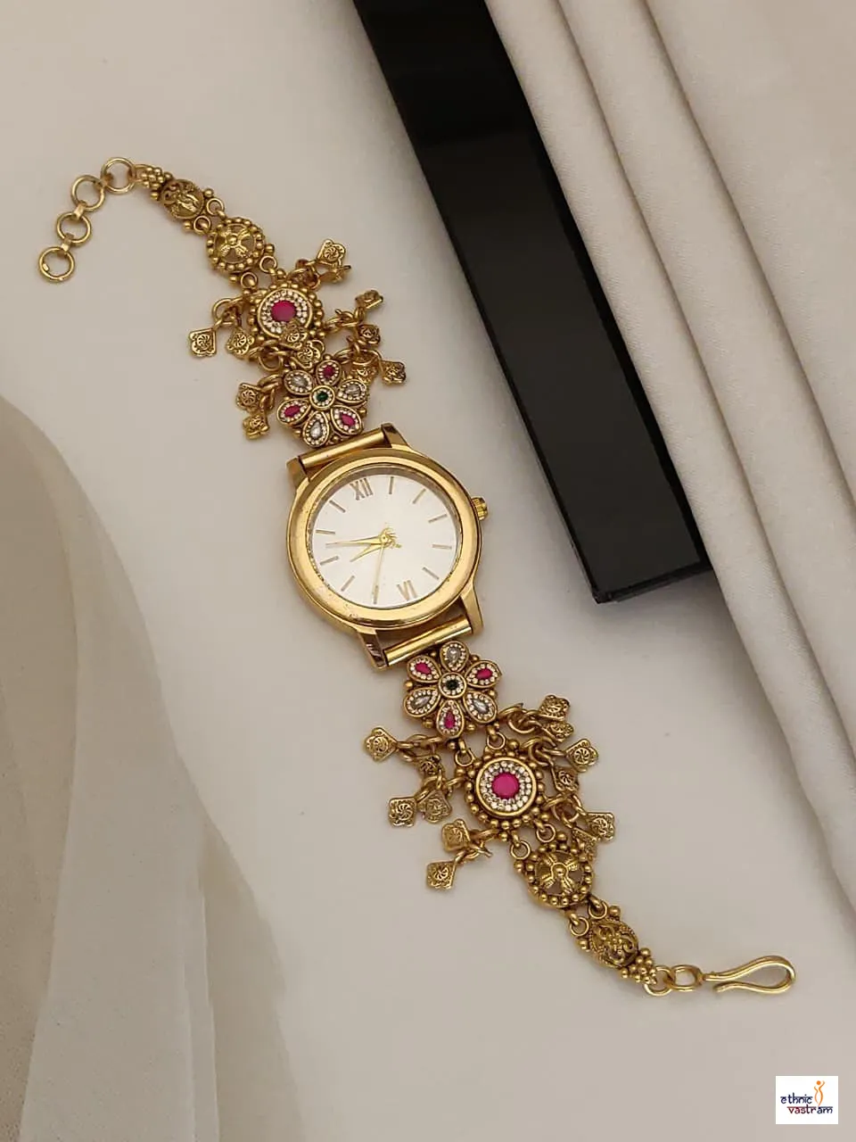 Kundan Gold Finished Temple Jewelry Watch Bracelet