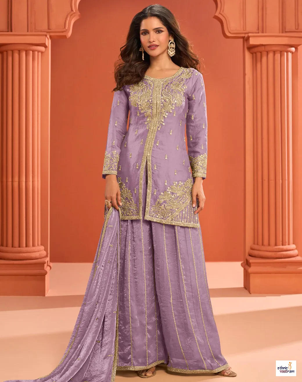 Lavender Real Fandy Silk Embroidered Kurti Palazzo Set