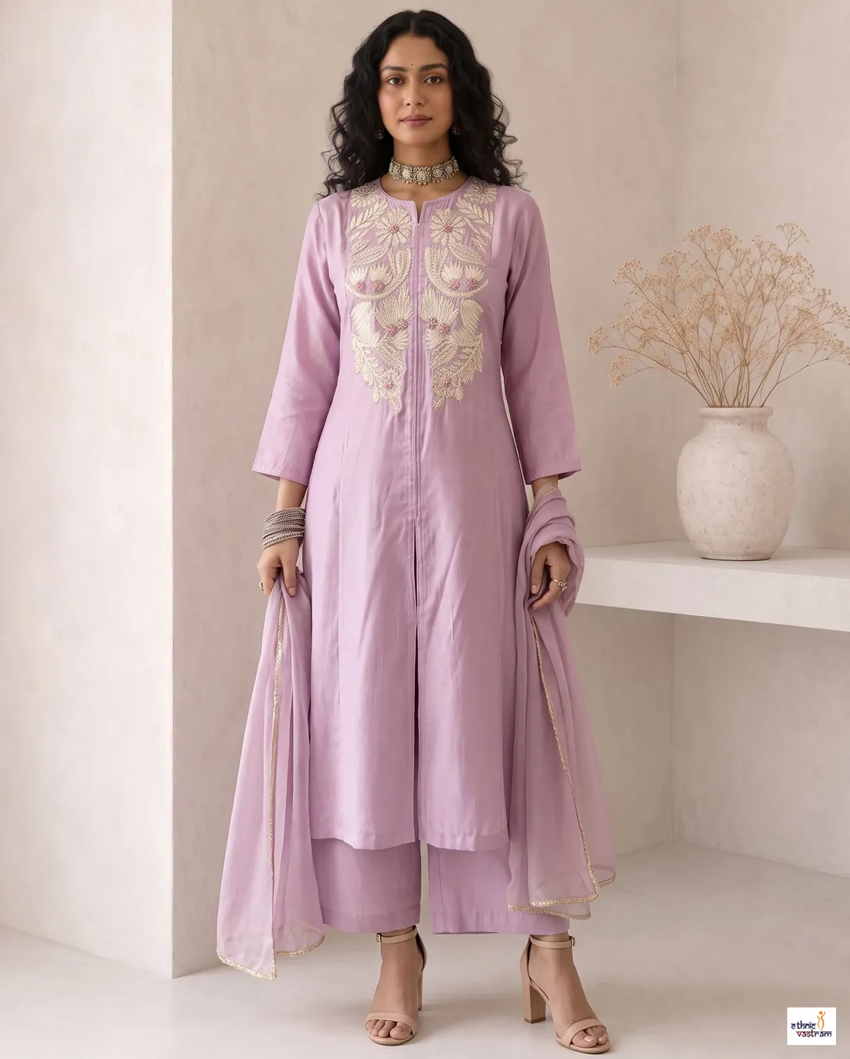 Lavender Roman Silk Anarkali Suit With Pants And Organza Dupatta