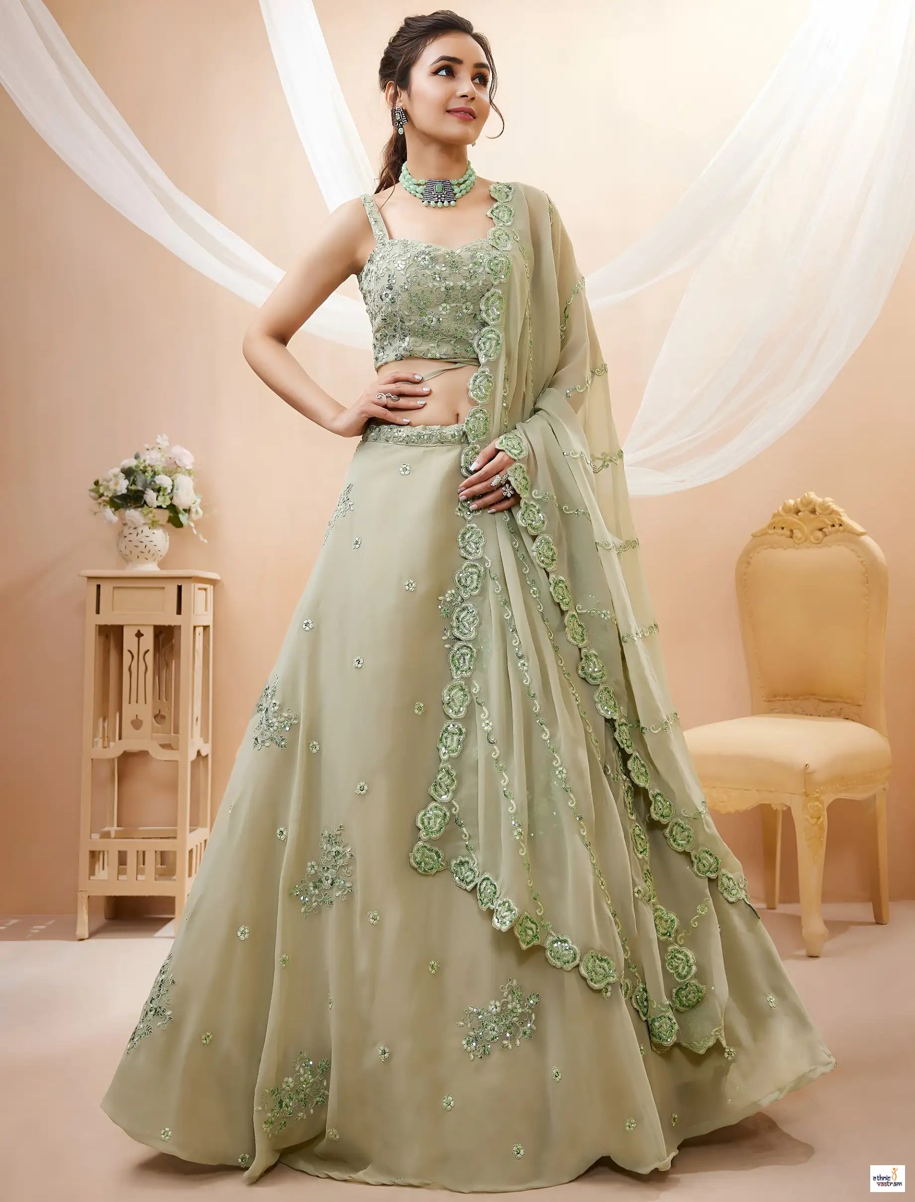 Light Green Georgette Flared Zari Sequins Embroidery Lehenga Choli