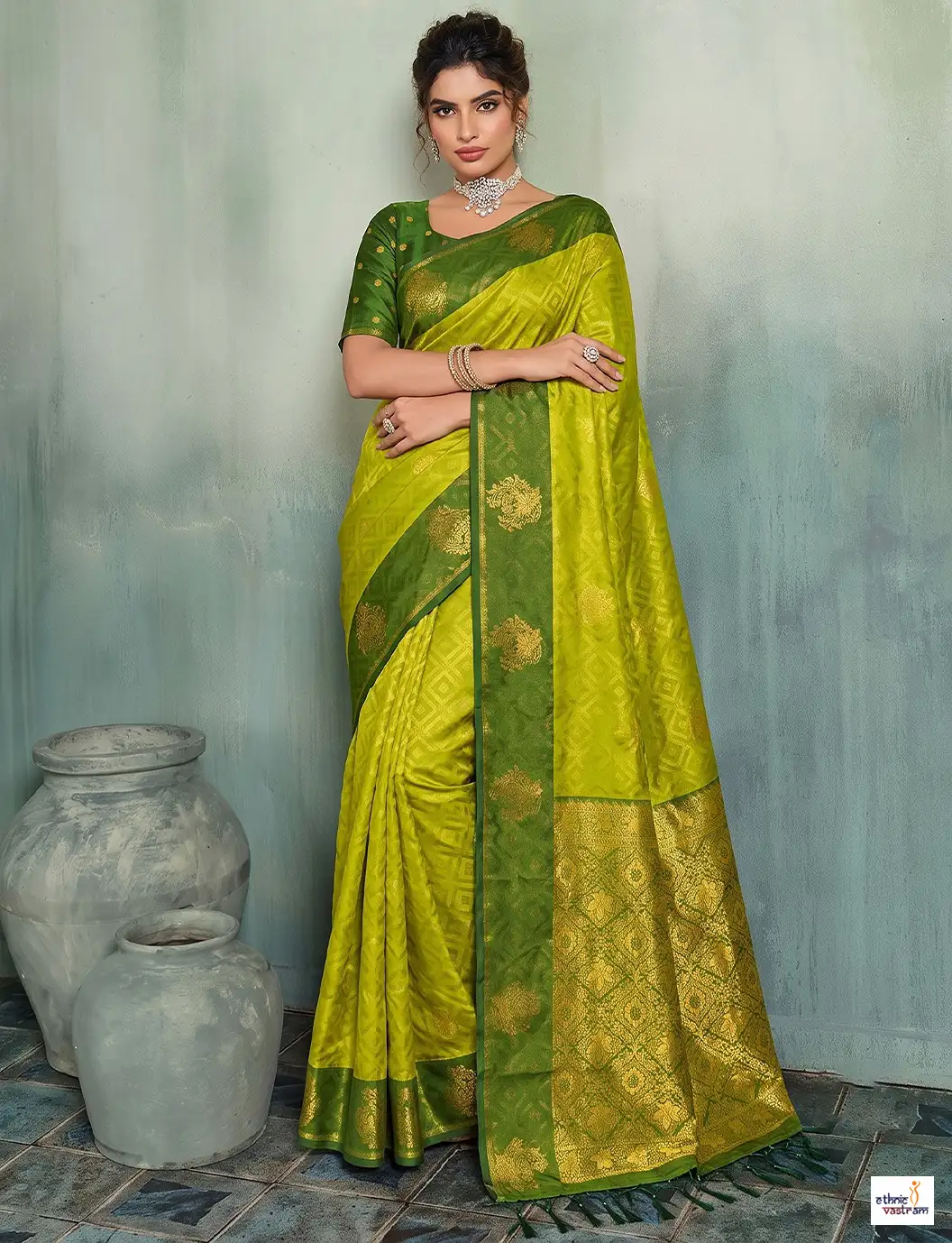 Lime Green Silk Blend Golden Zari Work Saree
