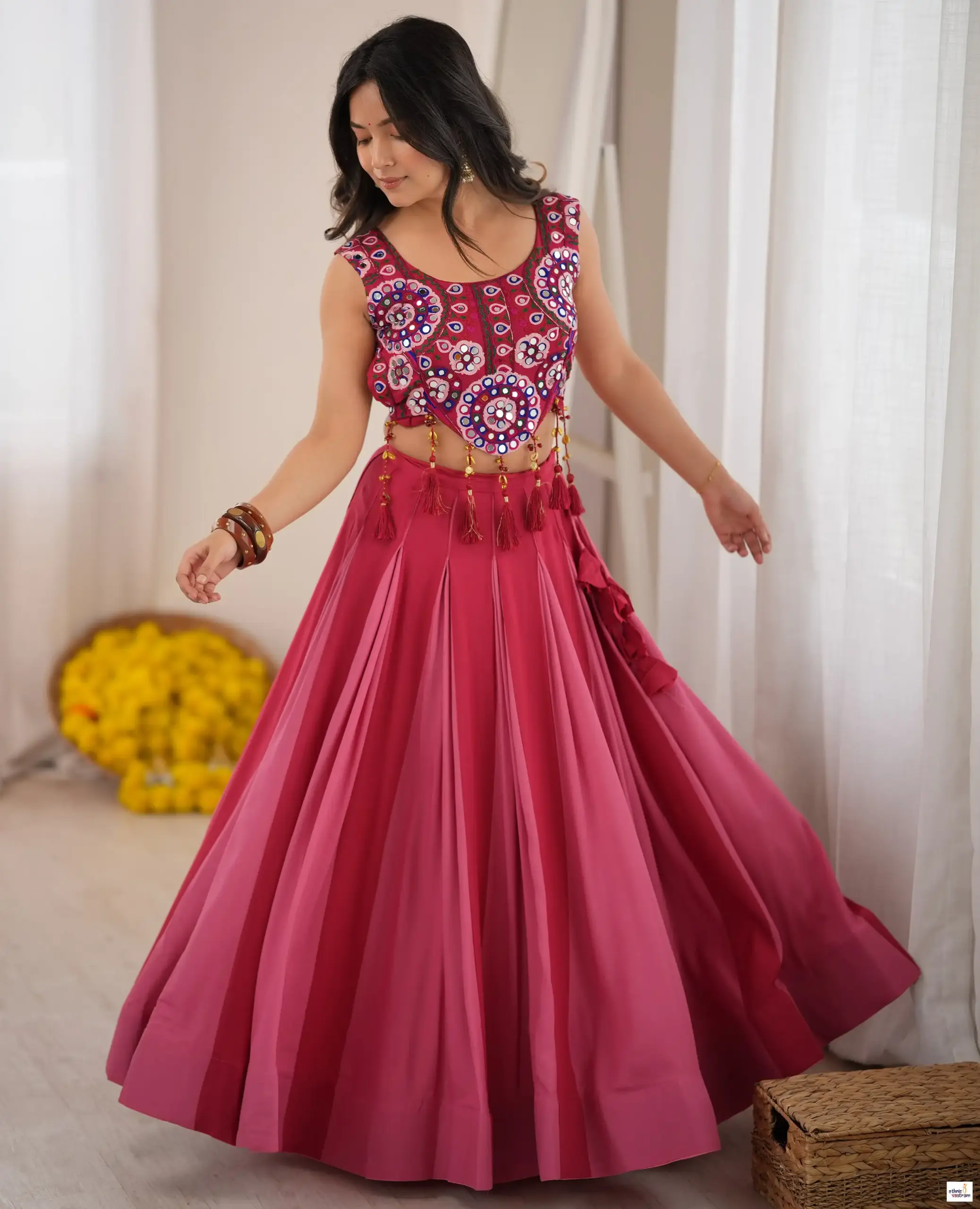 Magenta Heavy Rayon Mirror Work Choli With Flared Pleated Lehenga Set