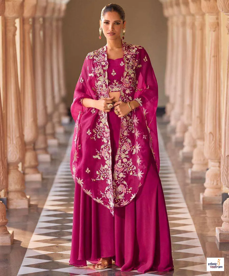 Magenta Pink Premium Chinon Silk Embroidered Indo Western Set
