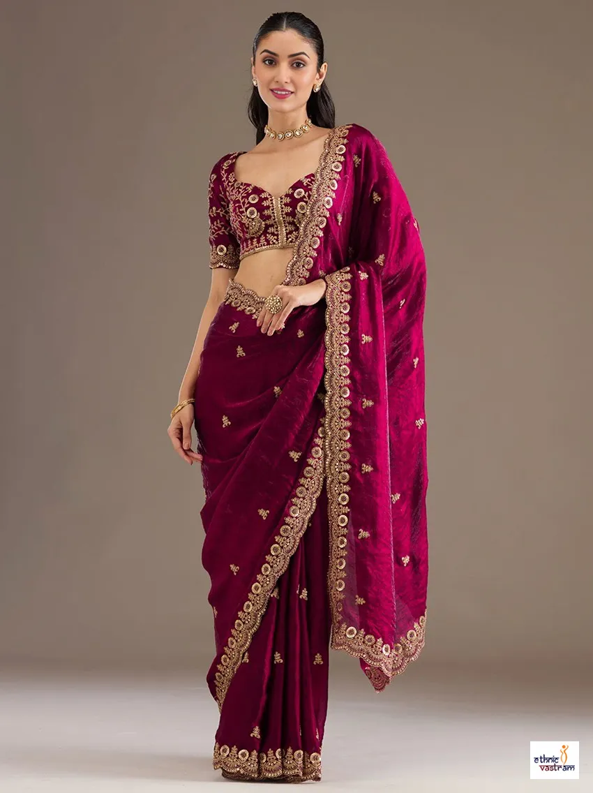 Magenta Pink Tissue Sequins Embroidered Designer Saree