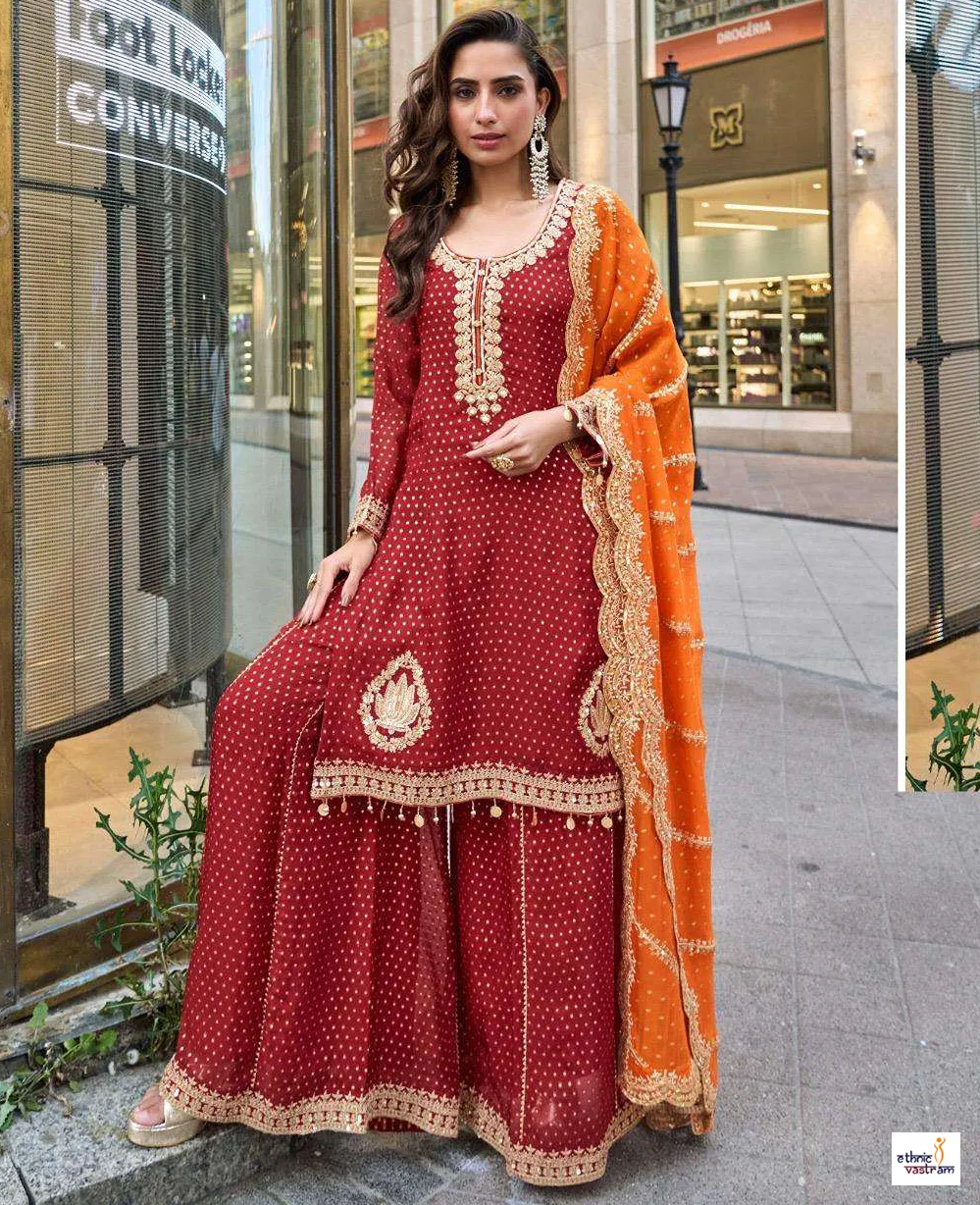 Maroon Red Pure Viscose Simar Jacquard Silk Embroidered Sharara Suit