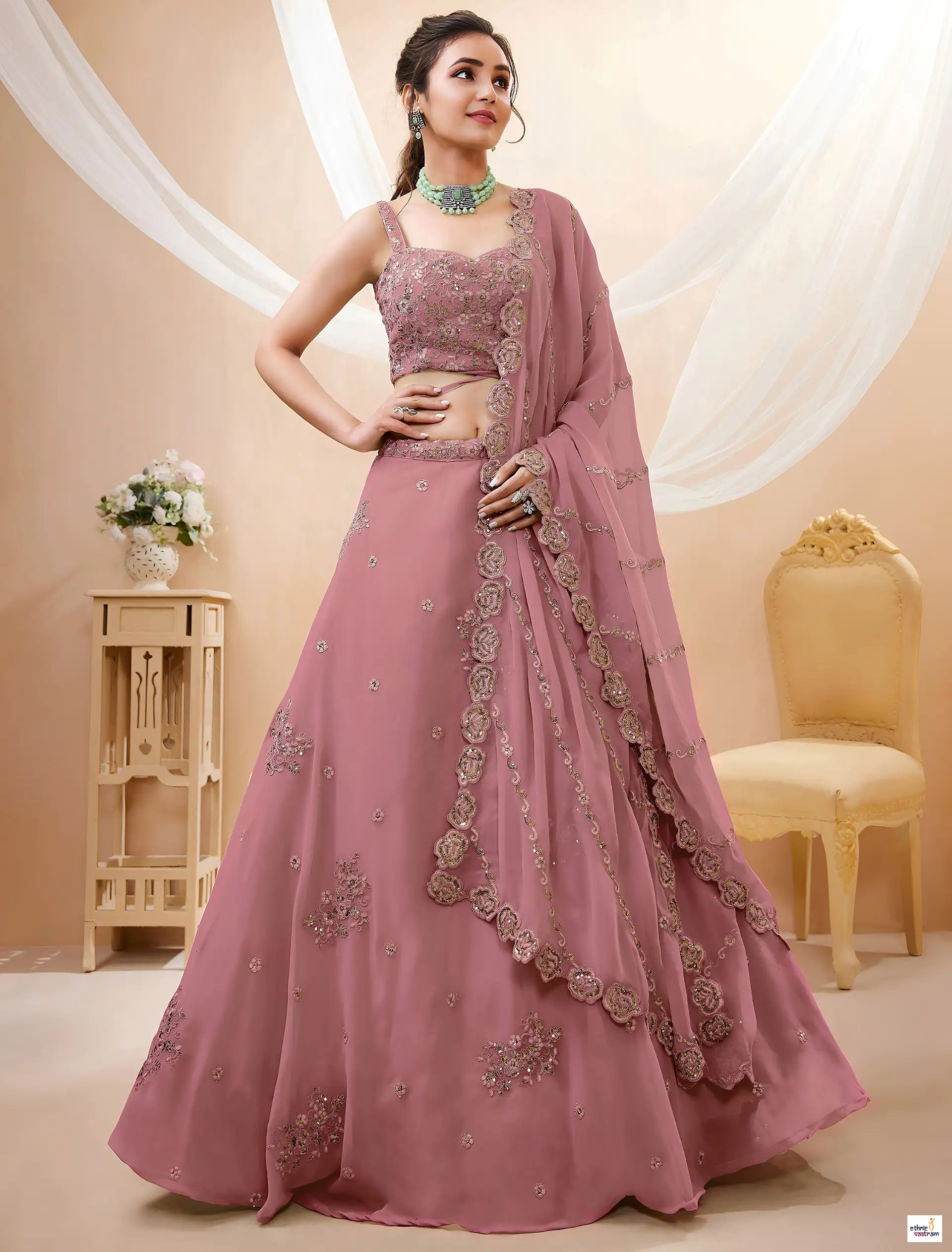Mauve Pink Georgette Flared Zari Sequins Embroidery Lehenga Choli