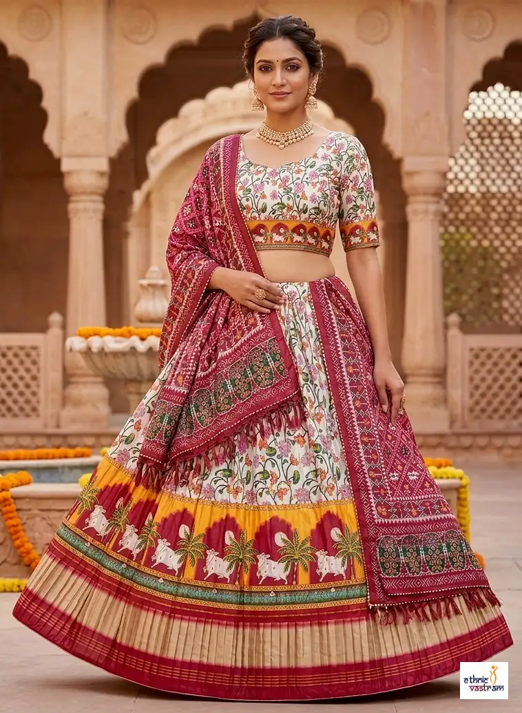 Multi Color Dola Silk Printed Navratri Chaniya Choli With Patola Dupatta