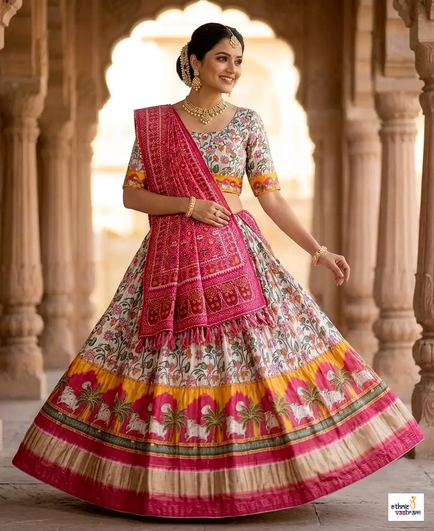 Multi Color Dola Silk Printed Navratri Chaniya Choli With Patola Dupatta
