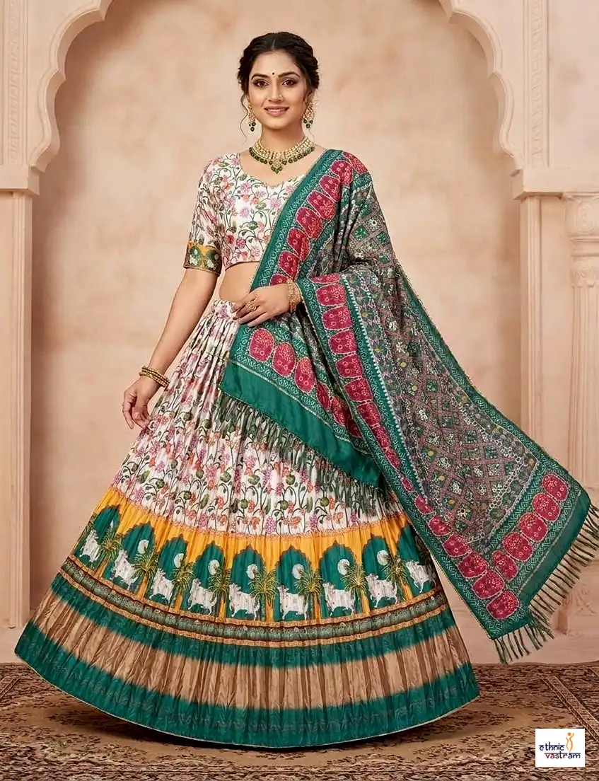 Multi Color Dola Silk Printed Navratri Chaniya Choli With Pichwai Border